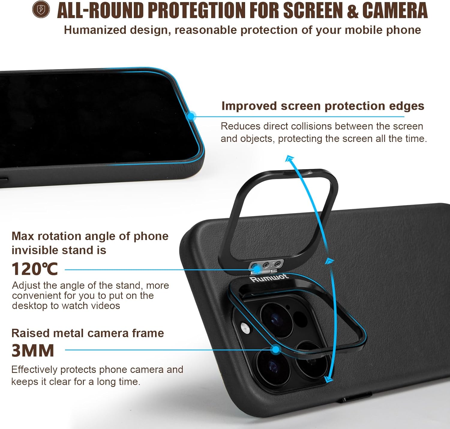 Black Genuine Leather Case for iPhone 15 Pro Max with Hidden Stand, Multifunctional Slim Fit Unique Designer Phone Protective Cover Compatible with MagSafe for Men Women