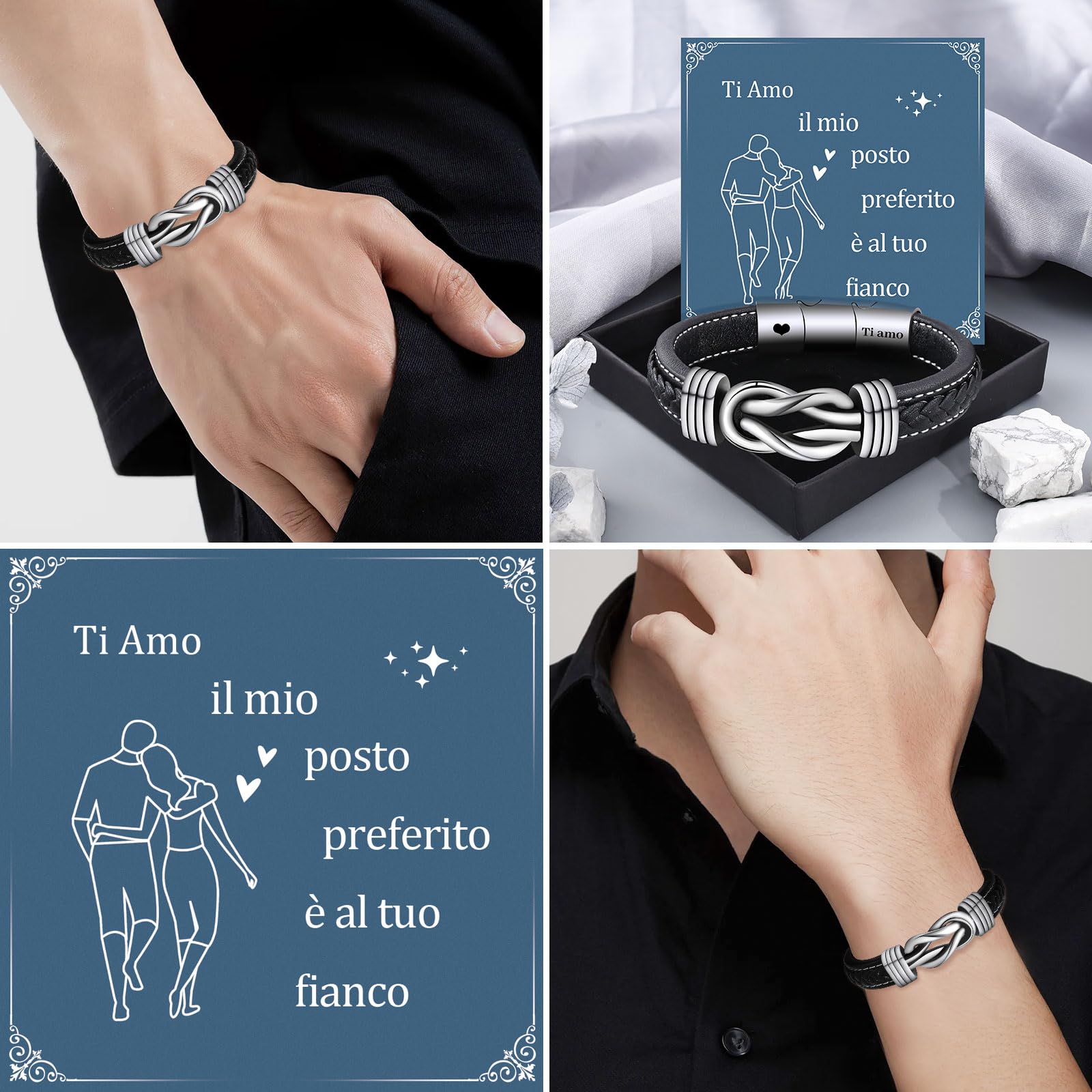 VU100 Regalo per Papà/Figlio/Uomo Bracciale in pelle per Uomo Bracciale Ti Amo Regalo per la Festa del Papà Regalo di compleanno per Figlio Fidanzato Marito Papà-Con Scatola Regalo