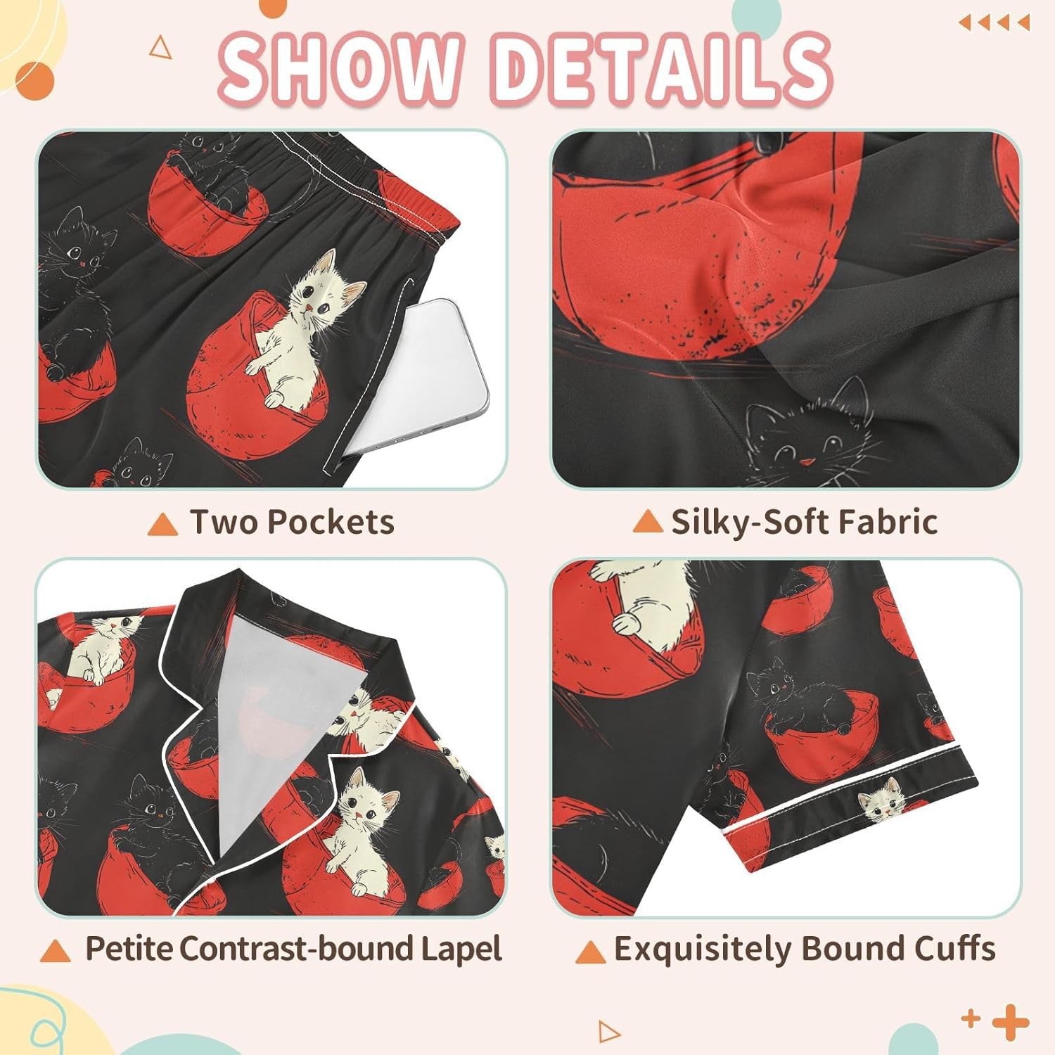 senya Cat Bed Black Satin Summer Pajama Sets Silk Short Sleeve Button Down Sleepwear