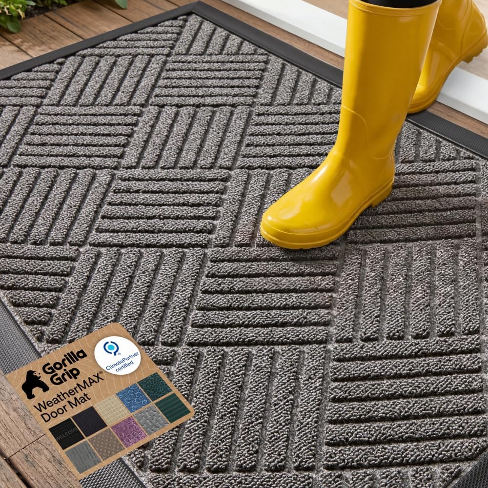 100% Waterproof All-Season WeatherMAX Doormat US Designed Natural Rubber, Stain Fade Resistant, Low Profile Indoor Outdoor Door Mats, Easy Clean, 29x17 Gray Diamond