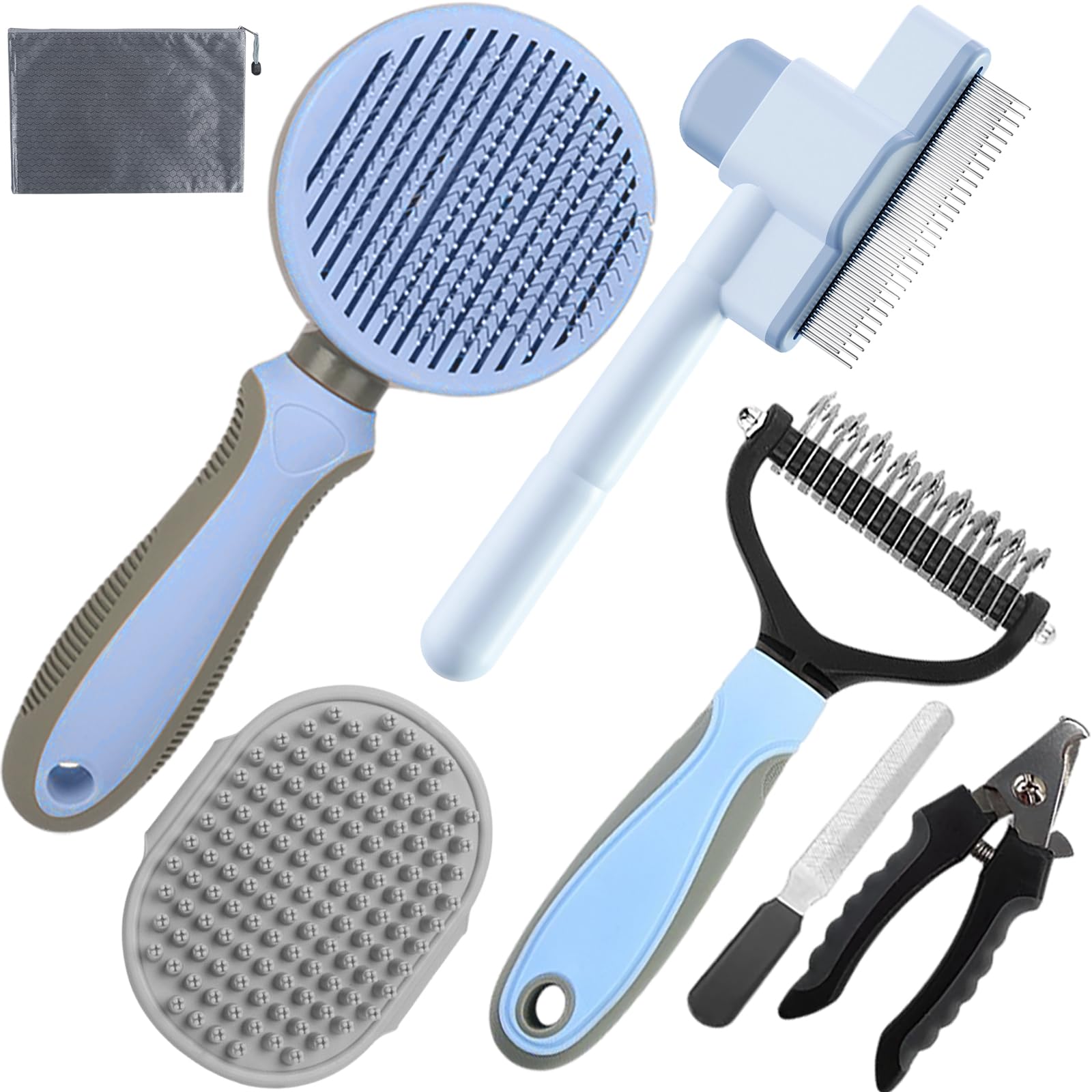 KUEIOX Dog Brush for Shedding,7 PCS Pet Grooming Brush Kit to De-fur & Hair Slicker Deshedding Brushes with Undercoat Rake Comb Bath Brush&Nail