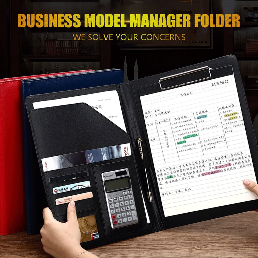 Porte-Documents Portfolio A4 Professionnel En Cuir Dossier De Conférencier Luxe Porte Document Conférence Cadeau Idéal Business Padfolio Case Homme Ou Femme(Black+12-digit calculator)