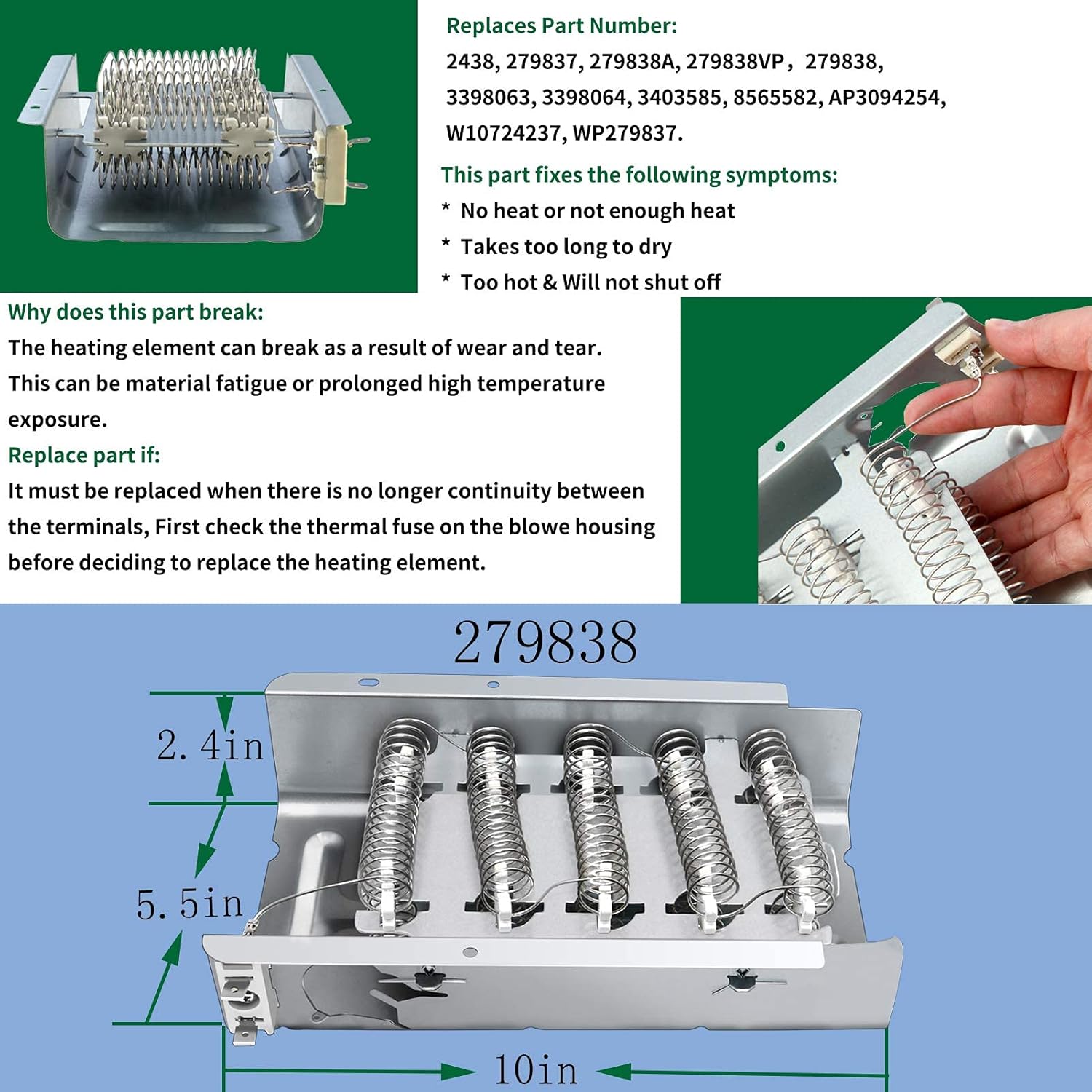 279838 Dryer Heating Element 3977767 Dryer Heating Element Kit 3387134 Dryer Thermostat & 3977393 Thermal Fuse Compatible Fit For Whirlpool & Kenmore & maytag dryer heating element
