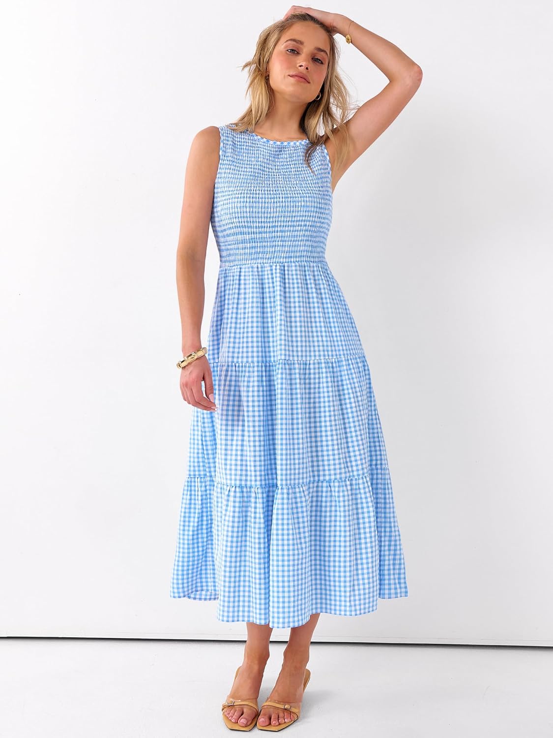 ANRABESS Women's Summer Casual Maxi Dress Sleeveless Crewneck Smocked 2026 Flowy Plaid Tiered Boho A Line Beach Long Sundress