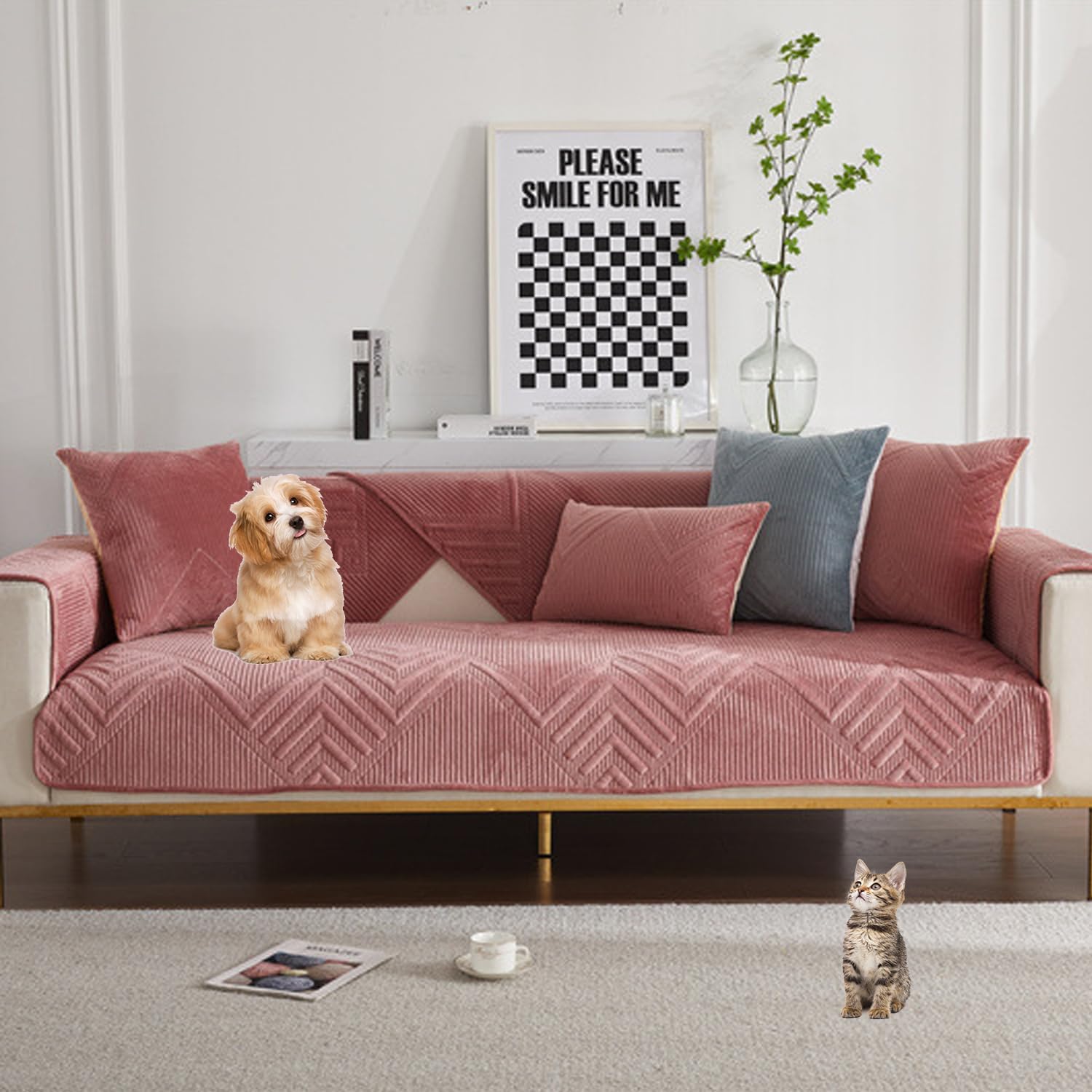 Housse de canapé universelle rose 110 * 110cm antidérapante amovible pour canapé sectionnel 3 places