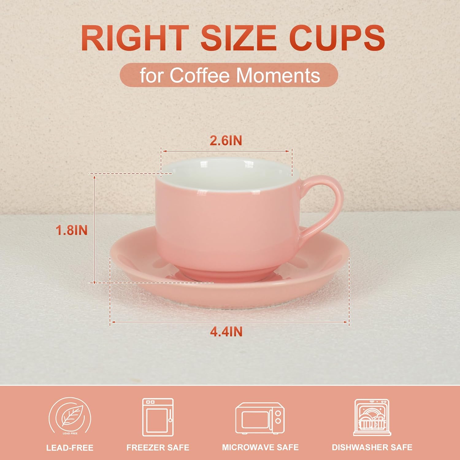 3 Ounce Espresso Cups Set of 4, Stackable Demitasse Mugs, Includes Display Stand, Cups Saucers, and Spoons, for Machines & Home Use, Pink, Silver Tone