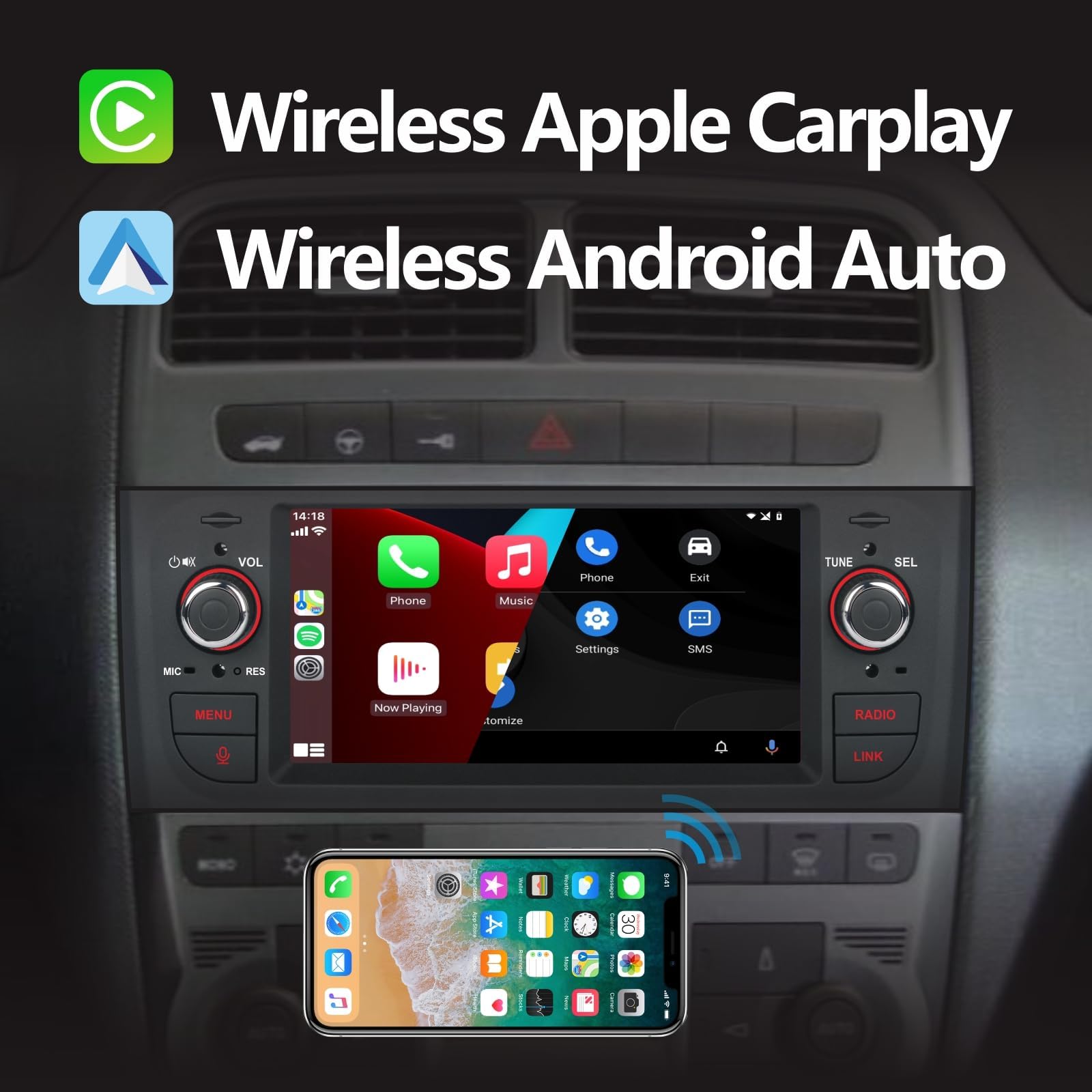 Autoradio per Fiat Grande Punto 2005-2009 con Wireless CarPlay Android Auto Stereo per Fiat Linea 2007-2011 Bluetooth/Mirror Link/FM/AM/USB