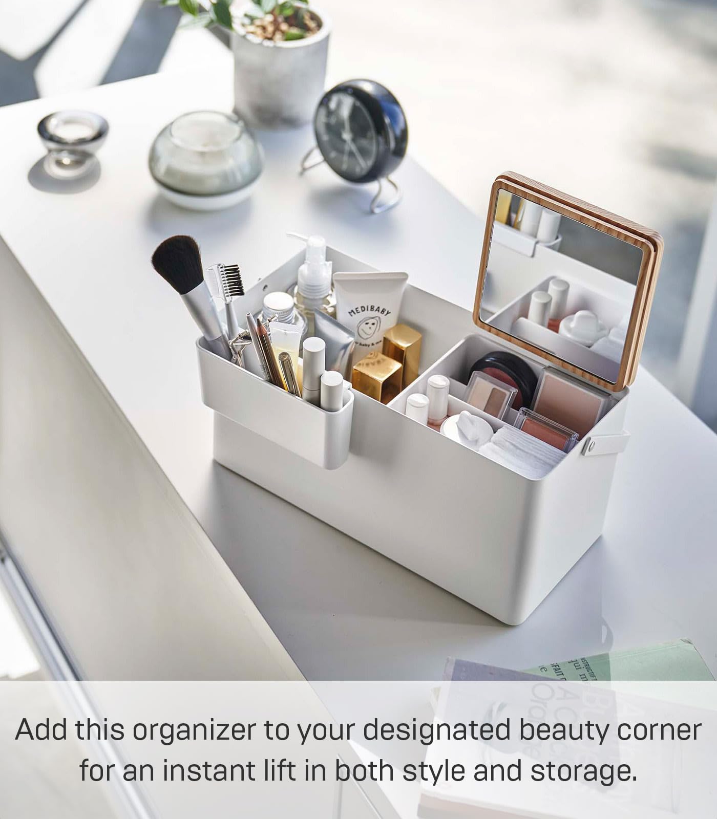YAMAZAKI 5453 TOWER Makeup Box, white, Steel/Wood/Mirror/ABS Resin, 31 x 15 x 15.7 cm