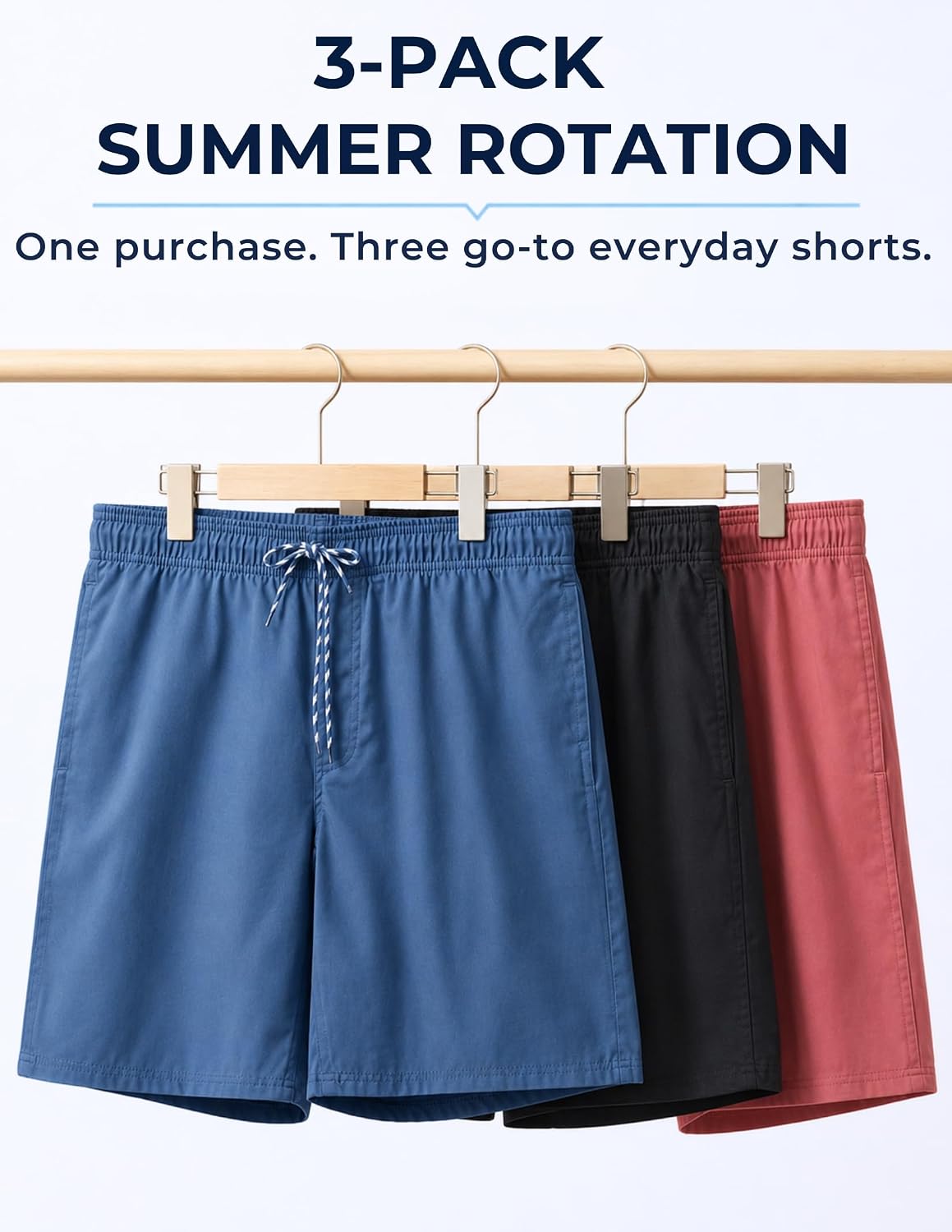 3 Pack Men's 8" Chino Walking Shorts, Pull On Elastic Waist Drawstring Pockets Casual Lounge Hybrid