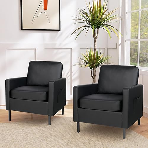 AODAILIHB Juego de 2 sillas decorativas de cuero negro, sillas decorativas modernas con brazos, silla auxiliar pequeña de 2 bolsilloscojín grueso,