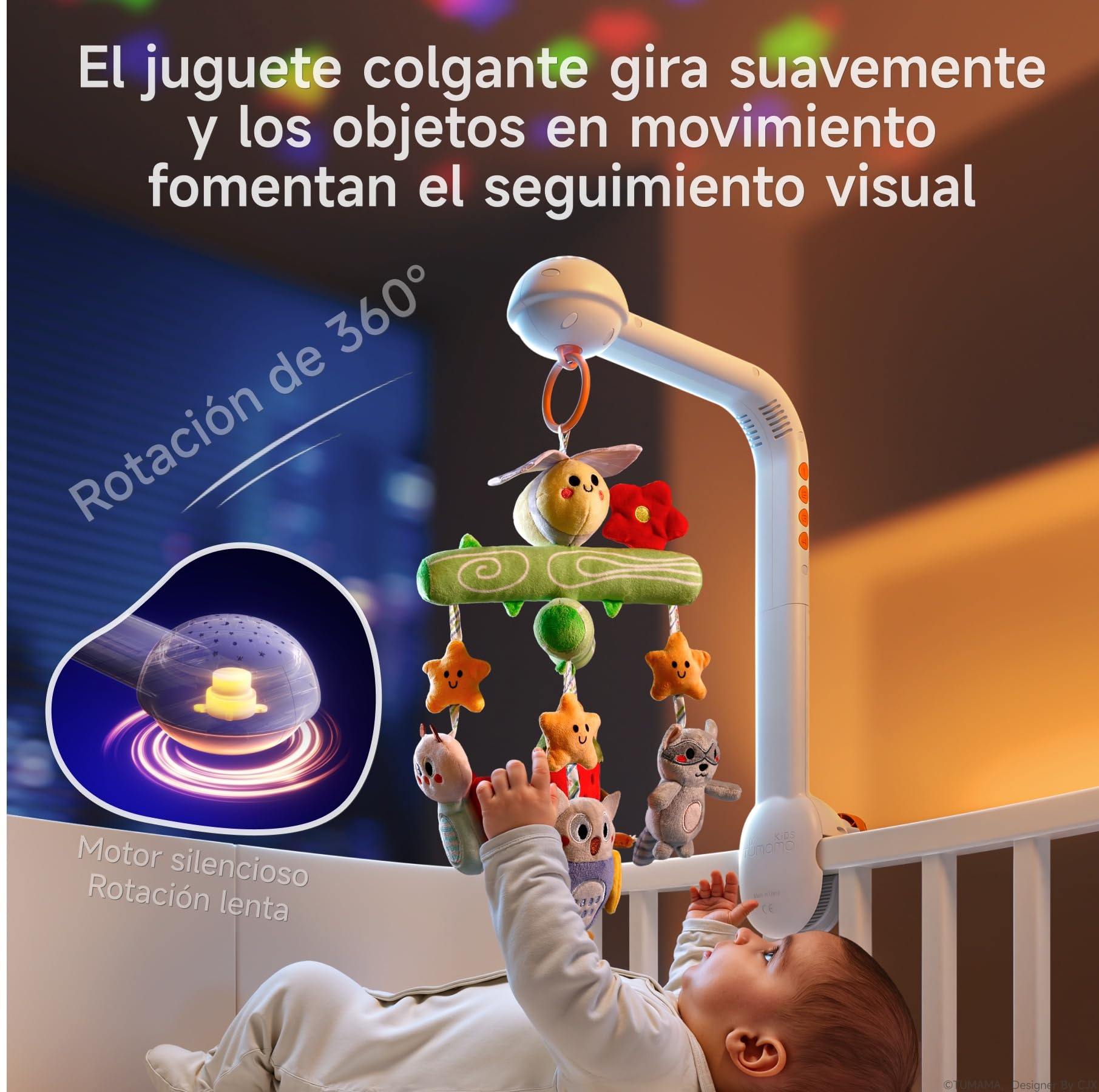 TUMAMA KIDS Movil Cuna Bebe con Música y Proyector de Luz, Carrusel Cuna Bebe para 0 3 6 9 Meses, Sonajero Juguete Sensorial para Recién Nacidos Regalo