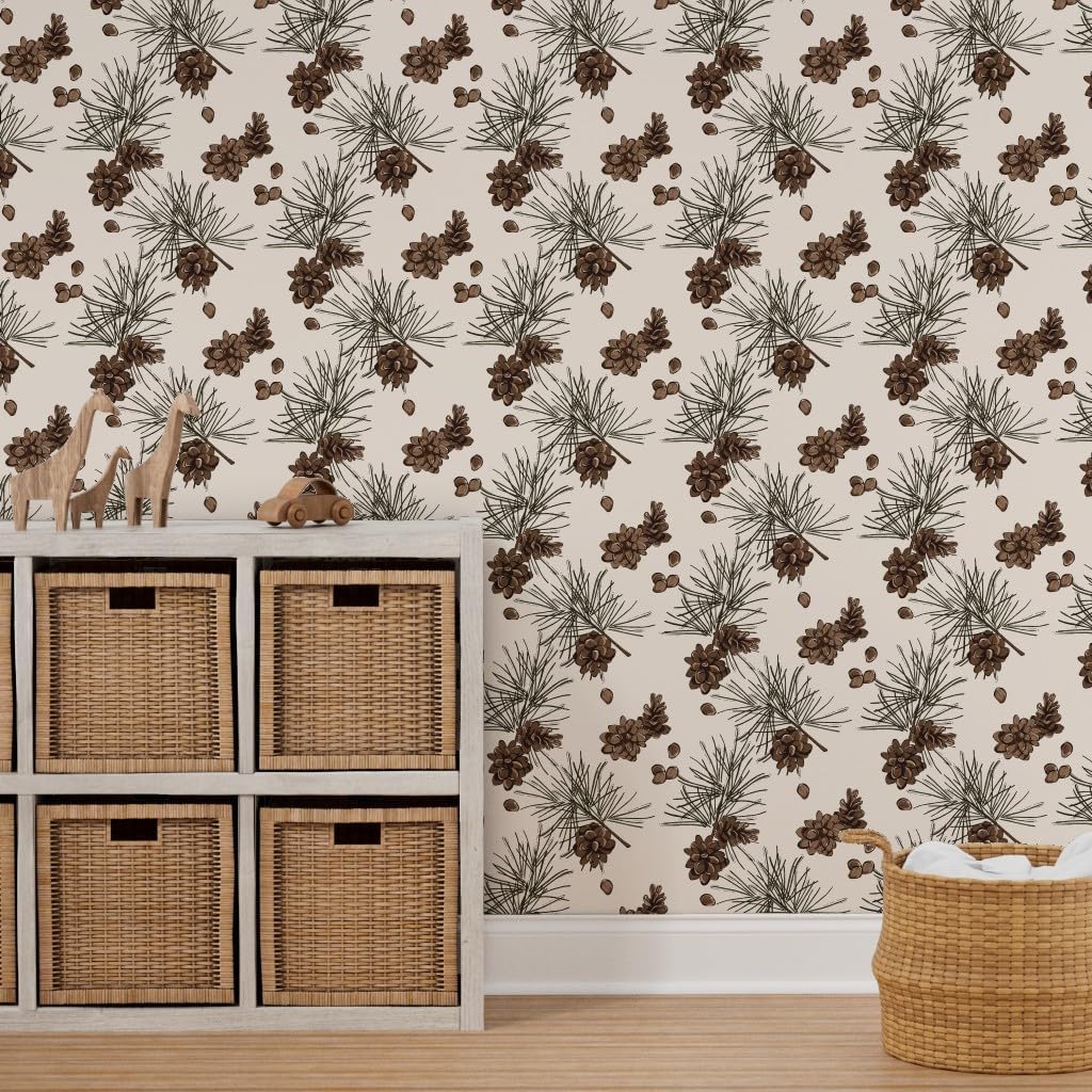 Peel & Stick Wallpaper 3ft x 2ft - Pine Cone Fir Branch Woods Botanical Needles Watercolor Flowers Xmas Custom Removable Wallpaper by Spoonflower