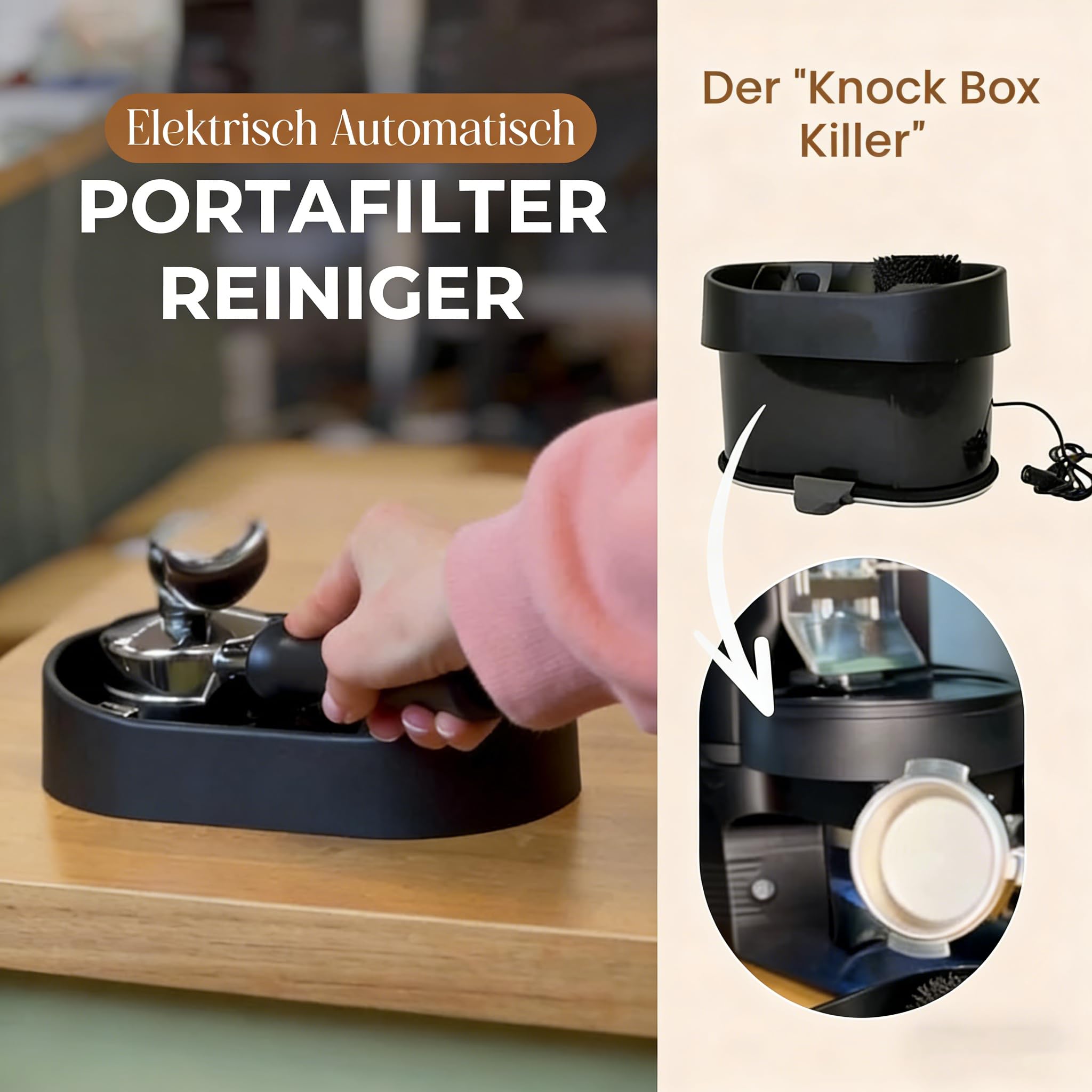 Quin Spin Espresso CoffeeGrounds Remover Elektrische Reinigungseinheit für Siebträger mit 12V Motor, Zweistufen - Reinigungssystem für tiefenwirksame Reinigung, Passend für Doppelsiebe