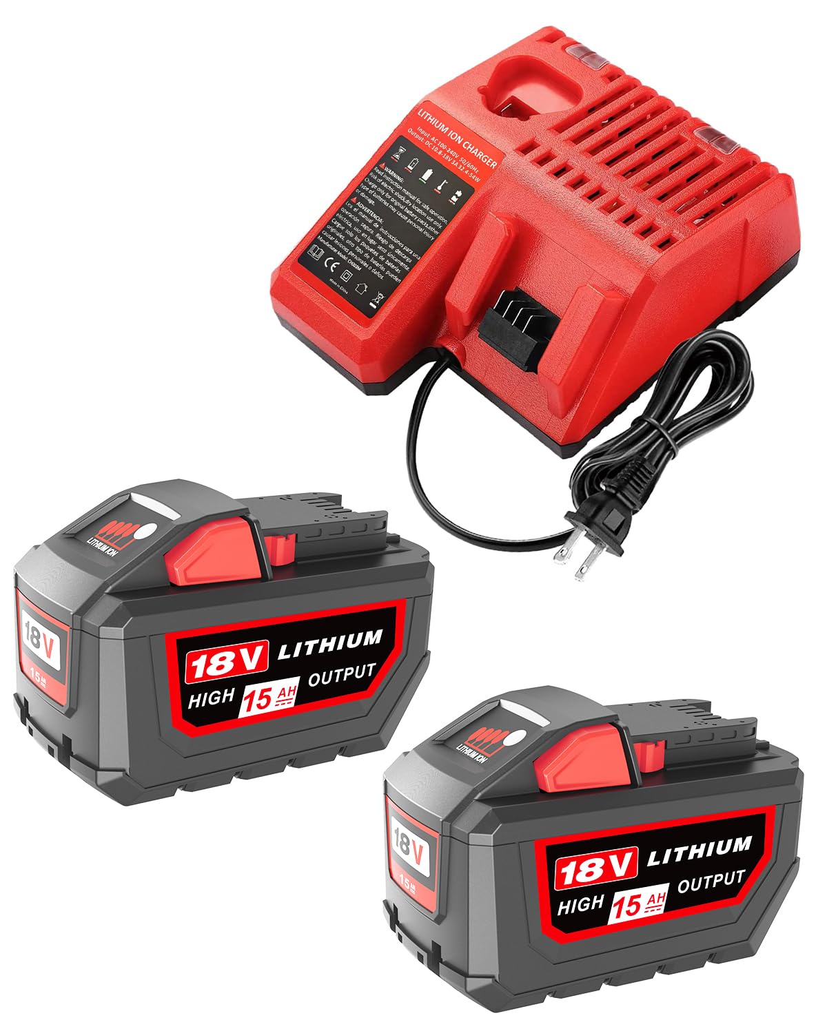 2 Pack 15.0Ah Replacement for Milwaukee M-18 Battery and Charger Combo Compatible with Milwaukee 18V Battery and 18 Volt Cordless Power Tools