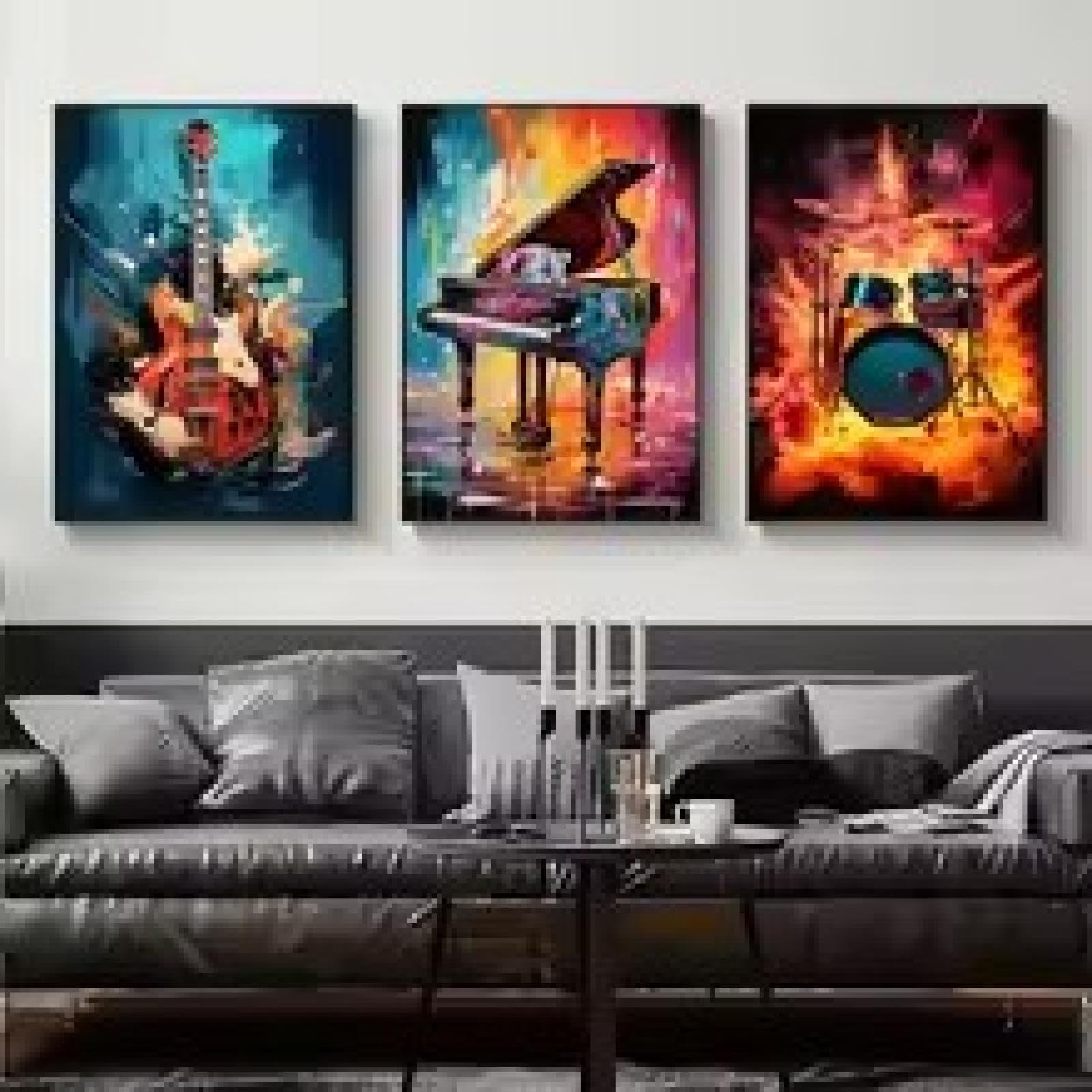 Toile musique colorée haute définition avec peintures murales guitare et batterie - 8