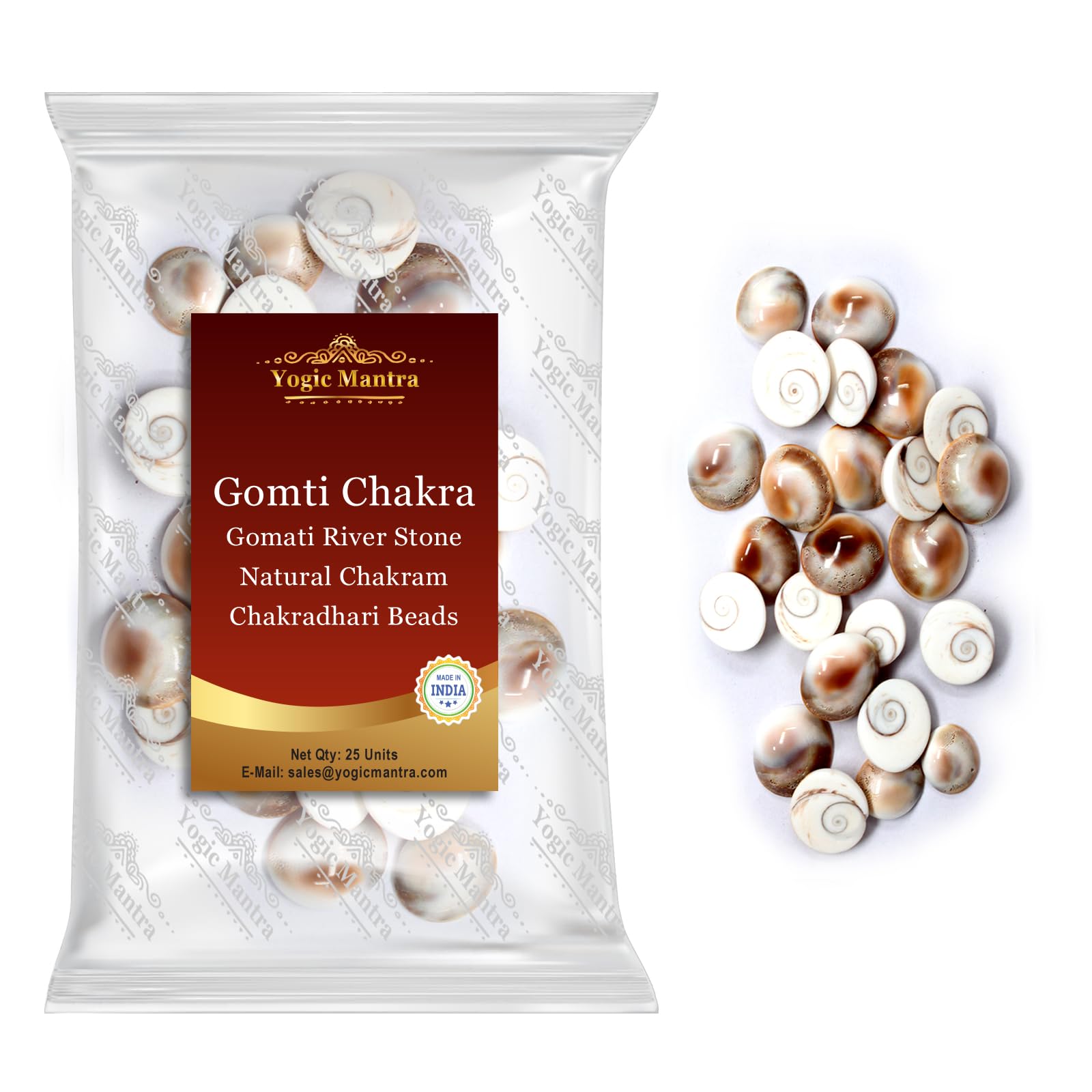 Mantra yóguico Gomti Chakra Natural | 25 piezas de tamaño mixto | Cuentas Chakradhari Gomati Chakra para hacer joyas | Artesanía de conchas marinas | Laxmi Puja Prosperidad | Riqueza hindú Lakshmi Pooja | Gomti Chakra Original