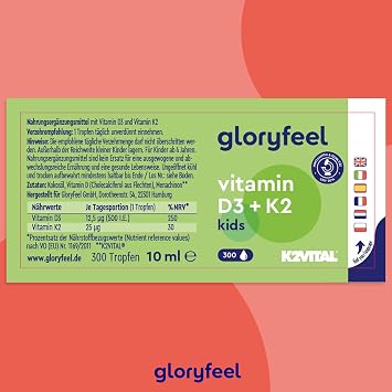 Vitamin D3 K2 Tropfen (10 Monate) - 100% Vegan für Kinder - Premium: K2VITAL® - 25µg Vitamin K + 500 IE D3 - Immunsystem Knochen & Zähne* - Für Kinder ab 4 Jahren - Laborgeprüft ohne Zusätze