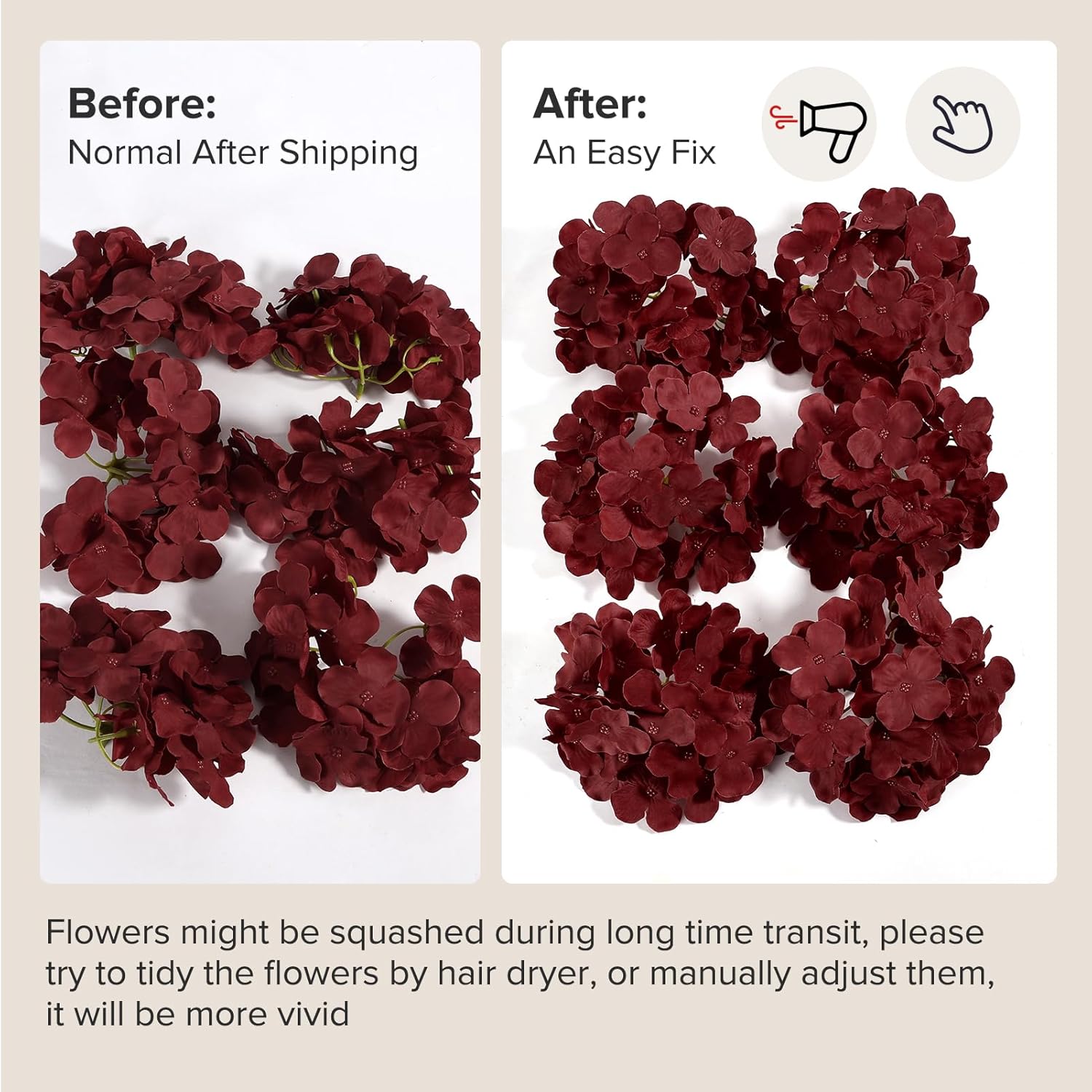 Auihiay 104 PCS Burgundy Hydrangea Artificial Flowers, Silk Hydrangea Heads with Stems, Fake Flowers for DIY Wedding Centerpiece, Baby Shower, Home Party Garden Decoration (Burgundy) - Image 9