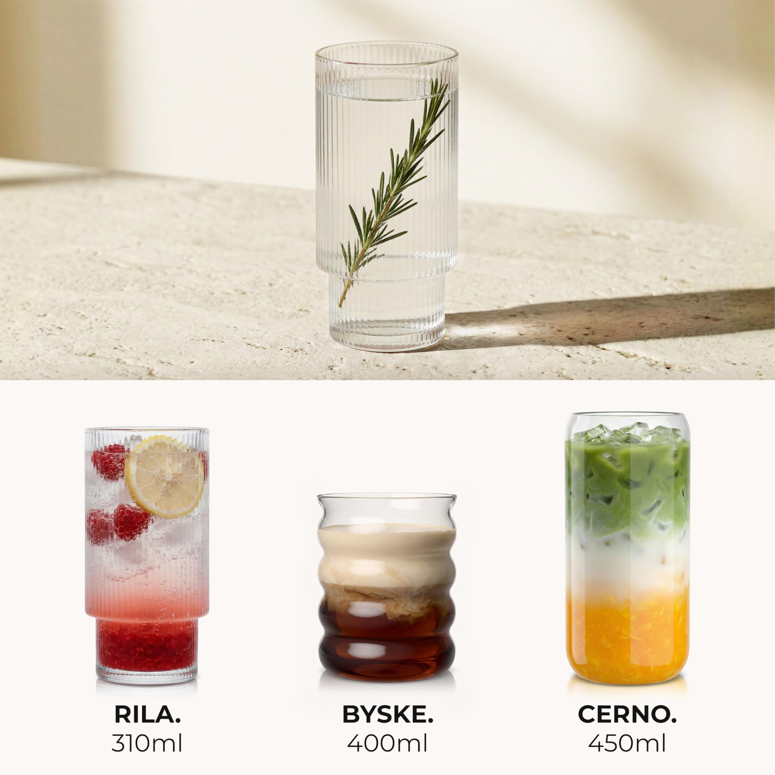 ElbFuchs Szklanki do napojów zestaw 4x 310 ml - ryflowane szklanki highball ze szklanymi słomkami, do koktajli, wody, kawy mrożonej i matchy