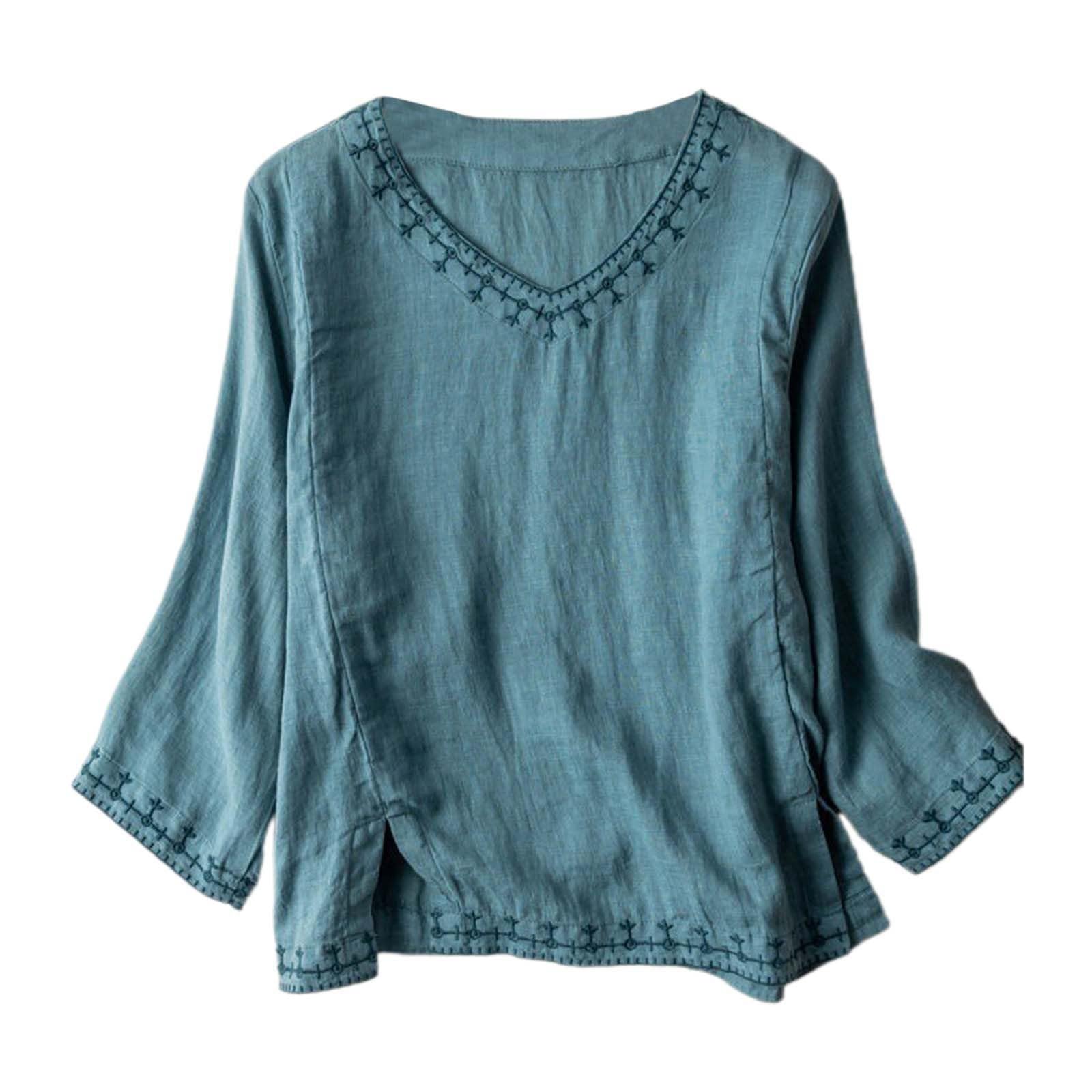 Chemisier Coton et Lin Manches Courtes pour Femme Blouses Ample Col Rond Tunique D'été Bohème Folklore Vintage Broderie Top Hauts Lâche Respirant T-Shirts Grande Taille Pas Cher Tunique Blouse Mode