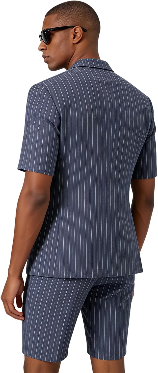 Men's Short Sleeve 2 Piece Suit Set Peak Lapel Striped Shorts & Blazer for Summer Business Casual Wedding