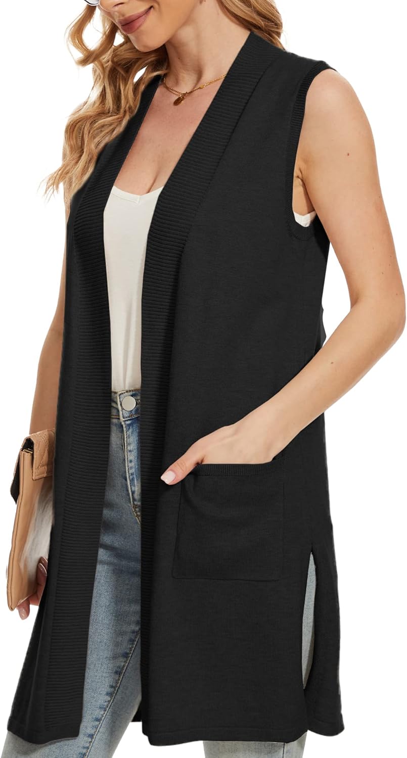 Beautiful Nomad Sleeveless Cardigans for Women Long Sweater Vest Jacket Ribbed Outerwear Coat with Pockets - Image 5