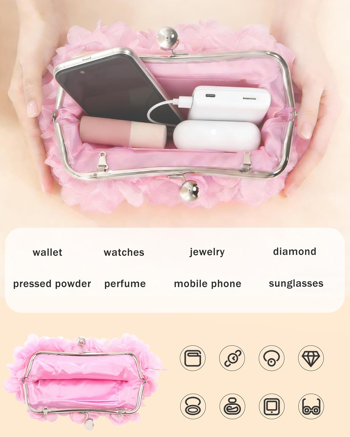 Women Elegant Evening Purse, Small Floral Clutch Bag with Detachable Chain for Wedding, Party, Prom - Image 5