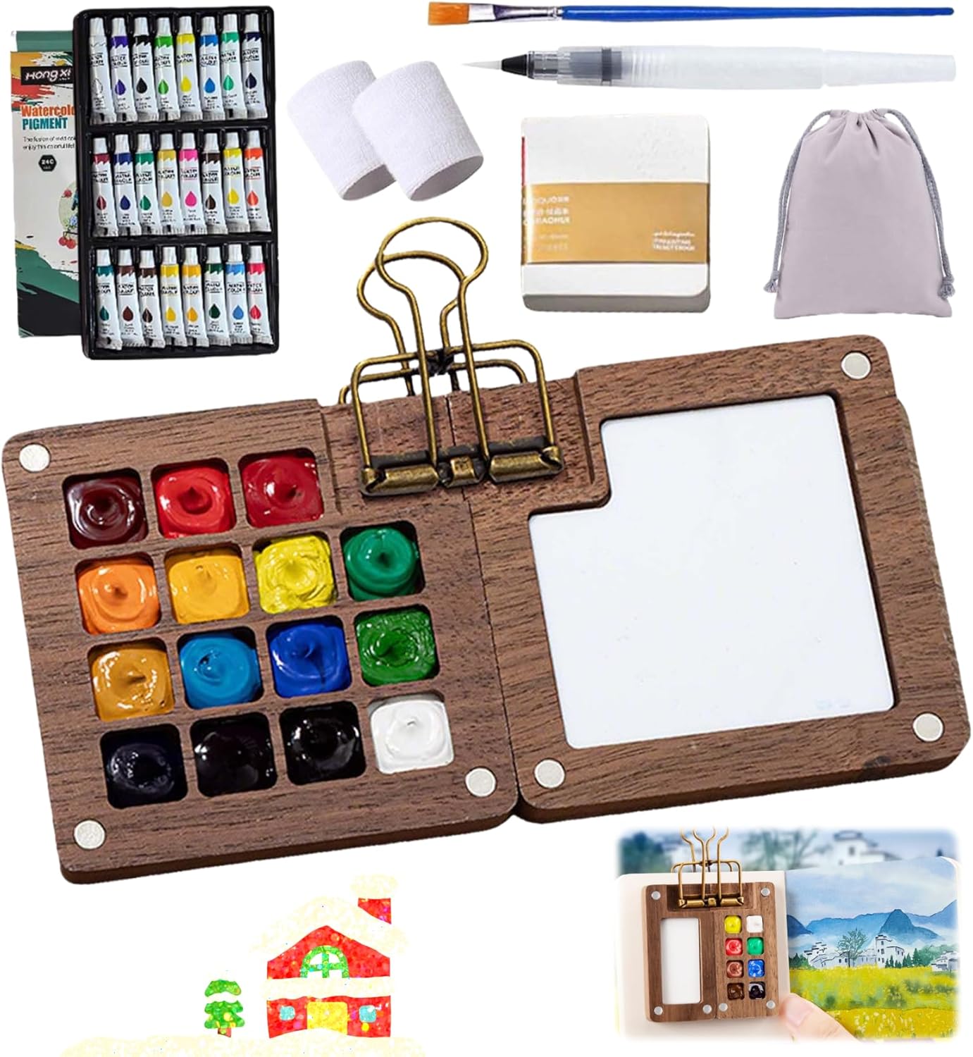 Mini Watercolor Paint Set – 2025 New Portable Travel Watercolor Kit for Beginners and Artists, Walnut Wooden Palette with 12/24 Colors with Sketchbook & Brush Pen (15 Grids)