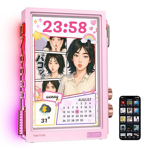 Divoom Times Frame-10.1" Digital Picture Frame Transparent IPS with RGBLED Rotary Knob WiFi 64GB 400+Clock Faces Widget 50+API Feeds Gift Mode Pixel Art Community Personalized Display (Pink) - PINK
