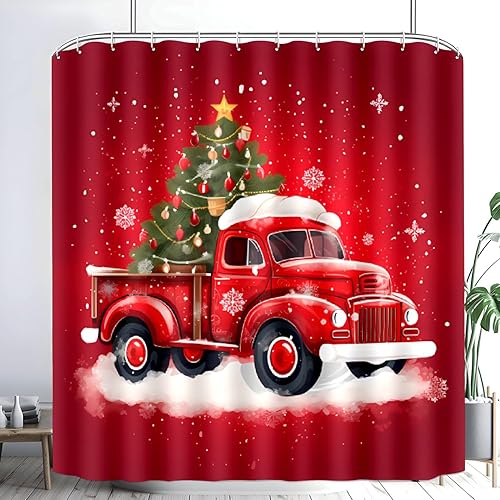 Miniatura 9 de Cortina de ducha de camión rojo de invierno, juego de cortina de ducha de invierno, decoración de baño roja con 12 ganchos, accesorios de baño de