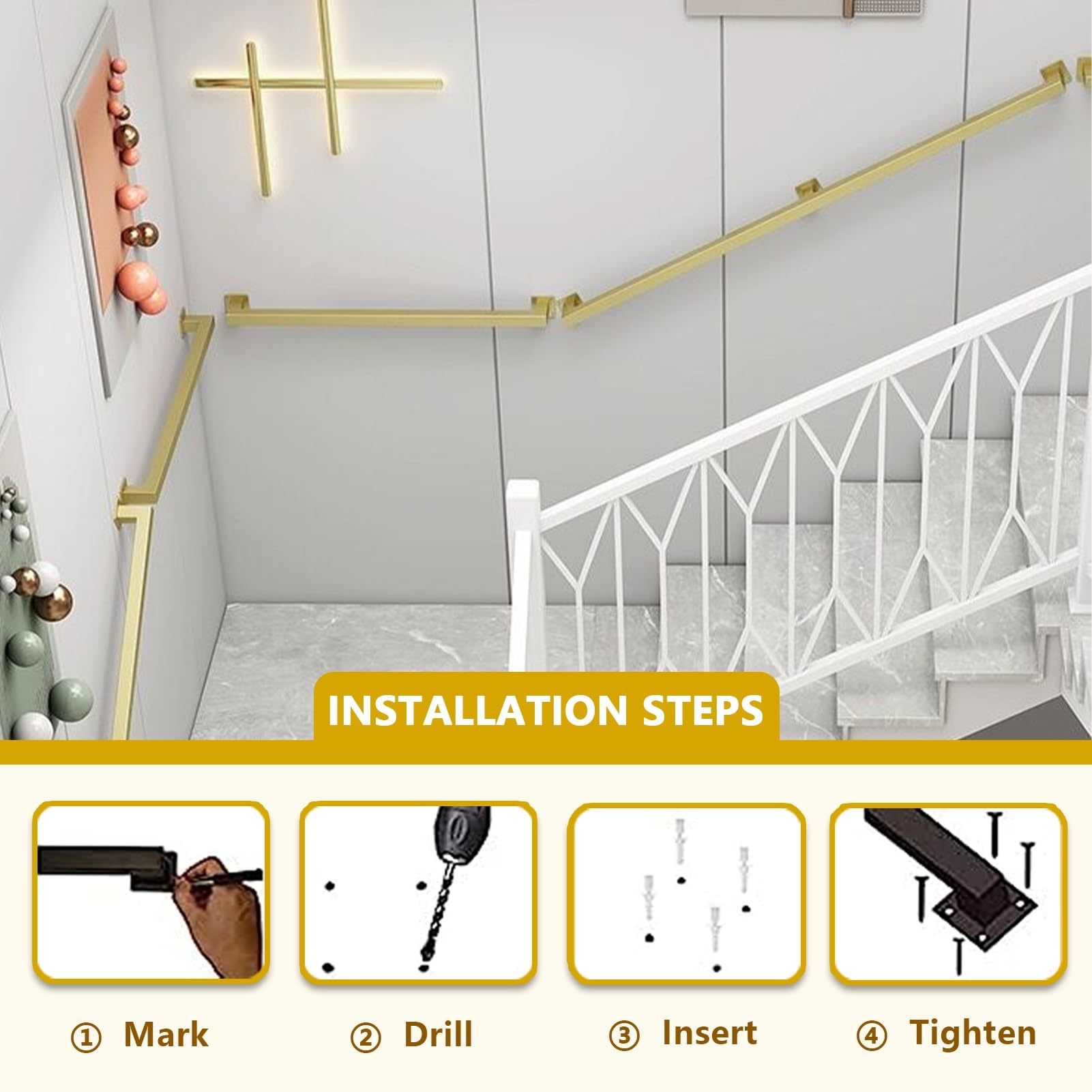 30–600 cm Handlauf für Treppen im Innen- und Außenbereich, Treppengeländer, Handläufe aus Schmiedeeisen, Sicherheitshaltegriff mit Wandhalterungen und Metallschrauben (Gold, 2,6 Fu
