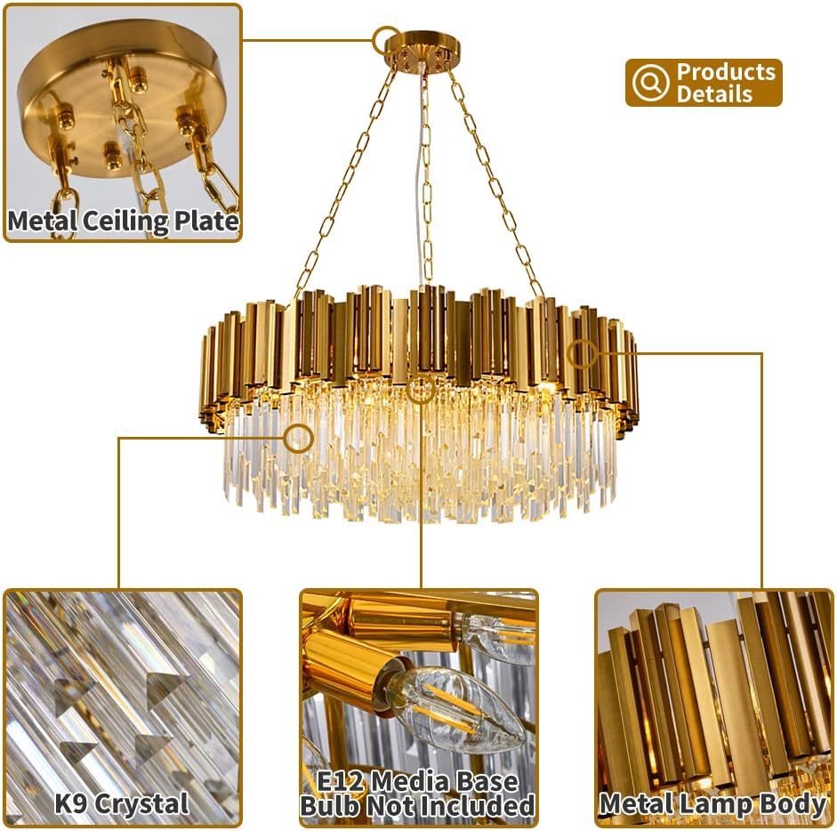 WABON Gold Crystal Chandelier, Modern Crystal Chandelier Light Fixture for Dining Room, Luxury Raindrop K9 Crystal Lighting for Living Room, Antique Gold