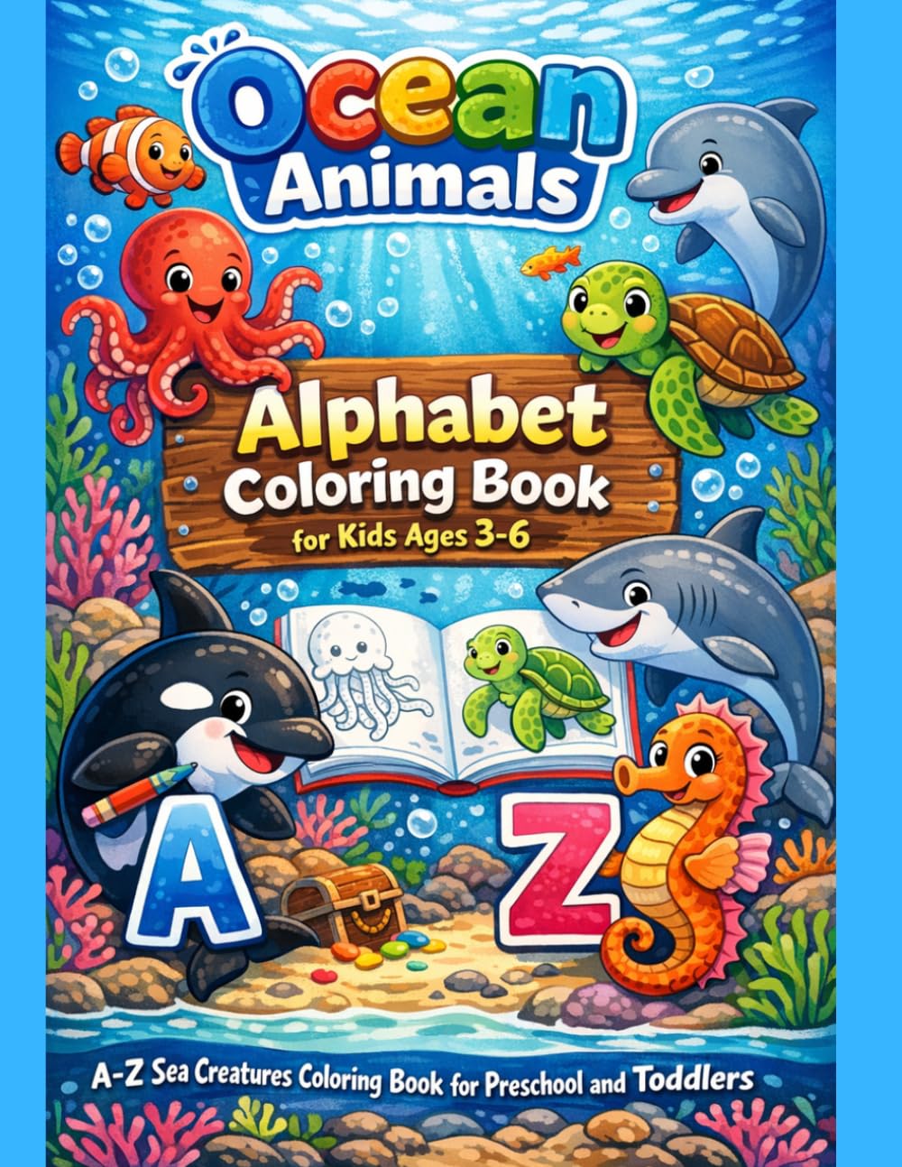 Ocean Animals Alphabet Coloring Book for Kids Ages 3-6: A-Z Sea Creatures Coloring Book for Preschool and Toddlers