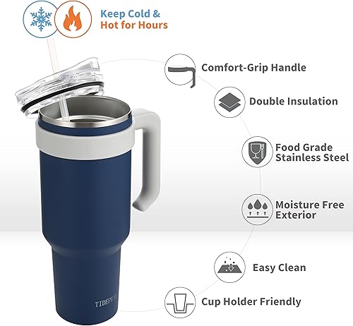 Miniatura 2 de Botella de agua aislada de 40 onzas con asa y pajilla, botella de agua deportiva de metal grande, taza térmica de viaje de acero inoxidable, vaso