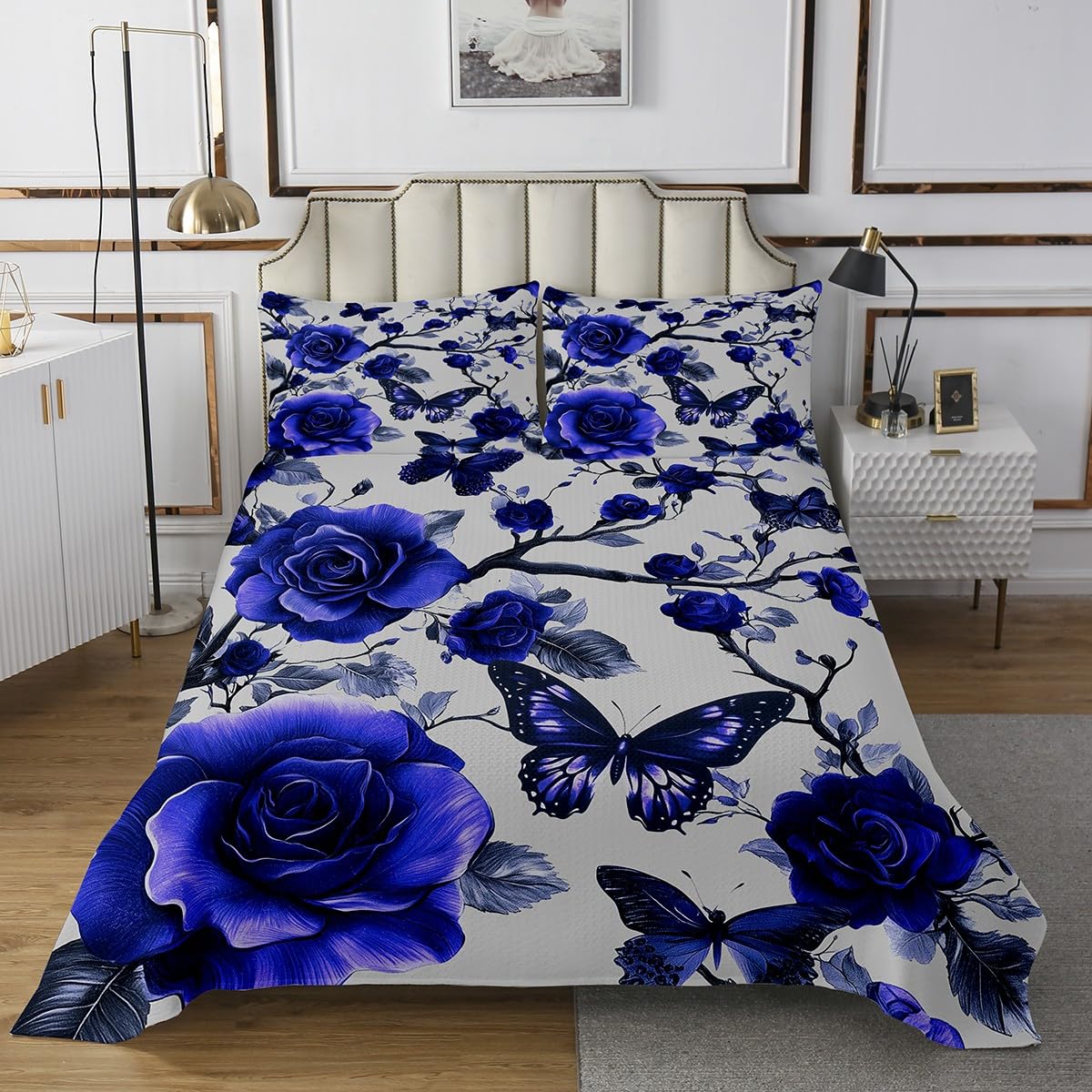 Manfei Rustic Blue Flowers Animals Bedspread Queen Size Bedding for Teens Living Room Butterfly Rose Decor Coverlet Set Botanical Branch Floral Quilt Set for All Season,3 Pcs with 2 Pillowcases