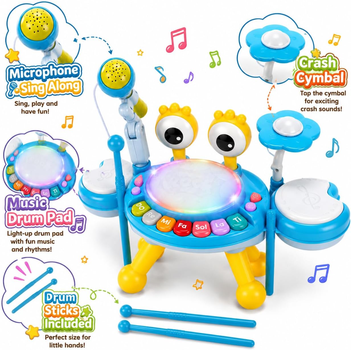 Kids Drum Set for Toddlers 1-3, Baby Drum Set Musical Toys with Light Up Microphone & 2 Sticks, Musical Instruments Montessori Learning Toys for 1 Year Old, Birthday Gift for Boys Girls image 3