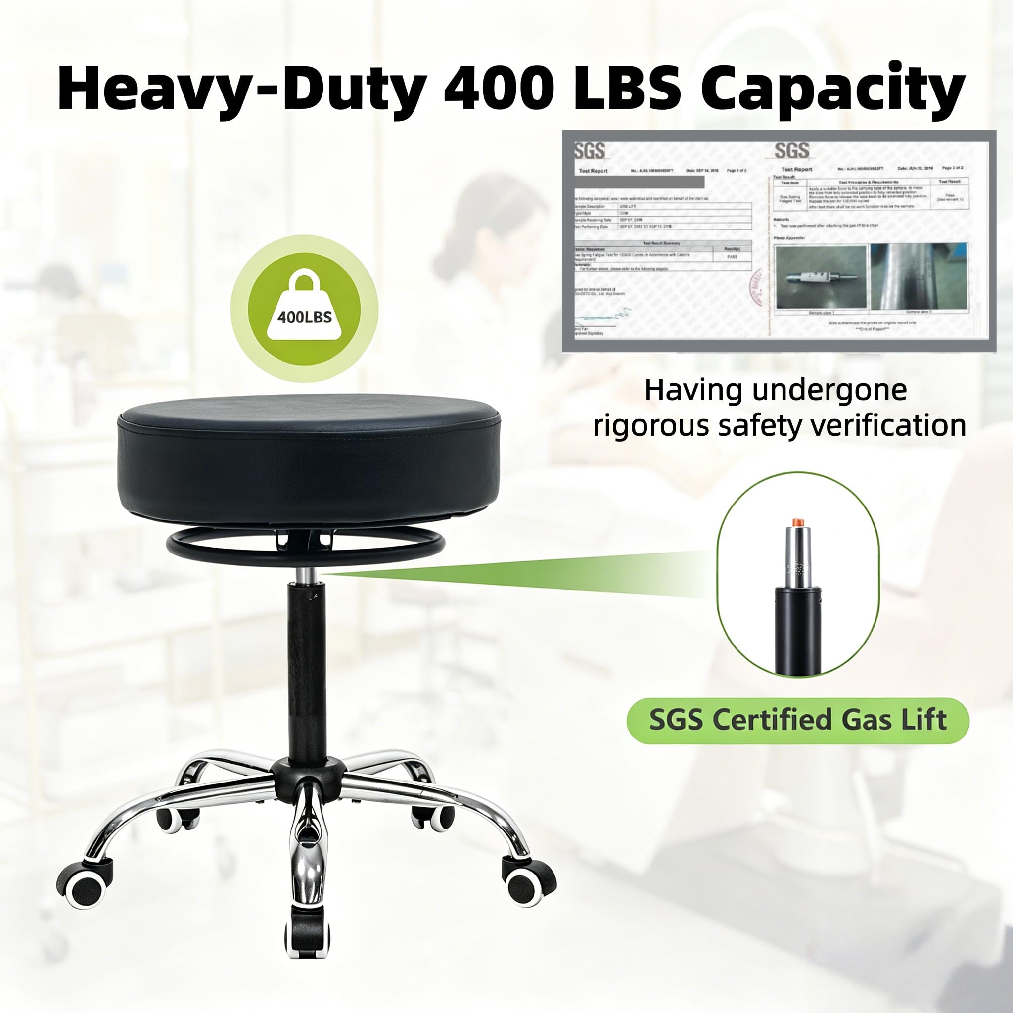 Heavy Duty Rolling Stool with Wheels, Hydraulic Swivel Salon Chair