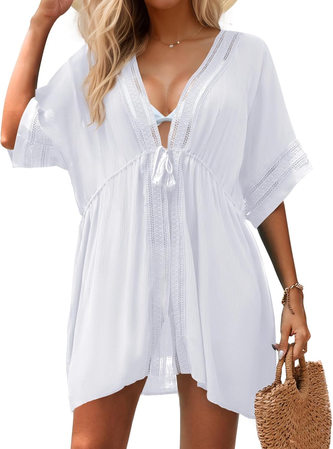 Women Swimsuit Cover Up 3/4 Bell Sleeve Boho Bathing Suit Coverups Hollow Out Kimonos Cardigans for Swimwear