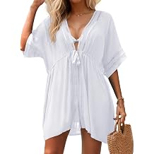 Women Swimsuit Cover Up Beach Open Front Coverups | Short Sleeve, Adjustable Fringe Drawstring, Pocketed Swimwear, Trim Detailing, Boho Bathing Suits