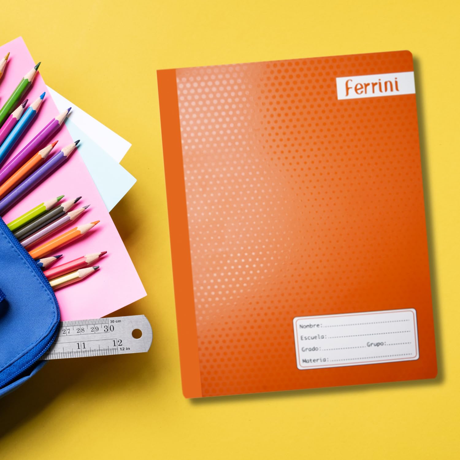 Ferrini | Cuadernos Cosidos Tamaño Profesional UNICOLOR | Libreta 100hojas | Pasta Semi Rigida | Guardas Impresas | 8 Pack | Mix Colores (Raya, 8 ...