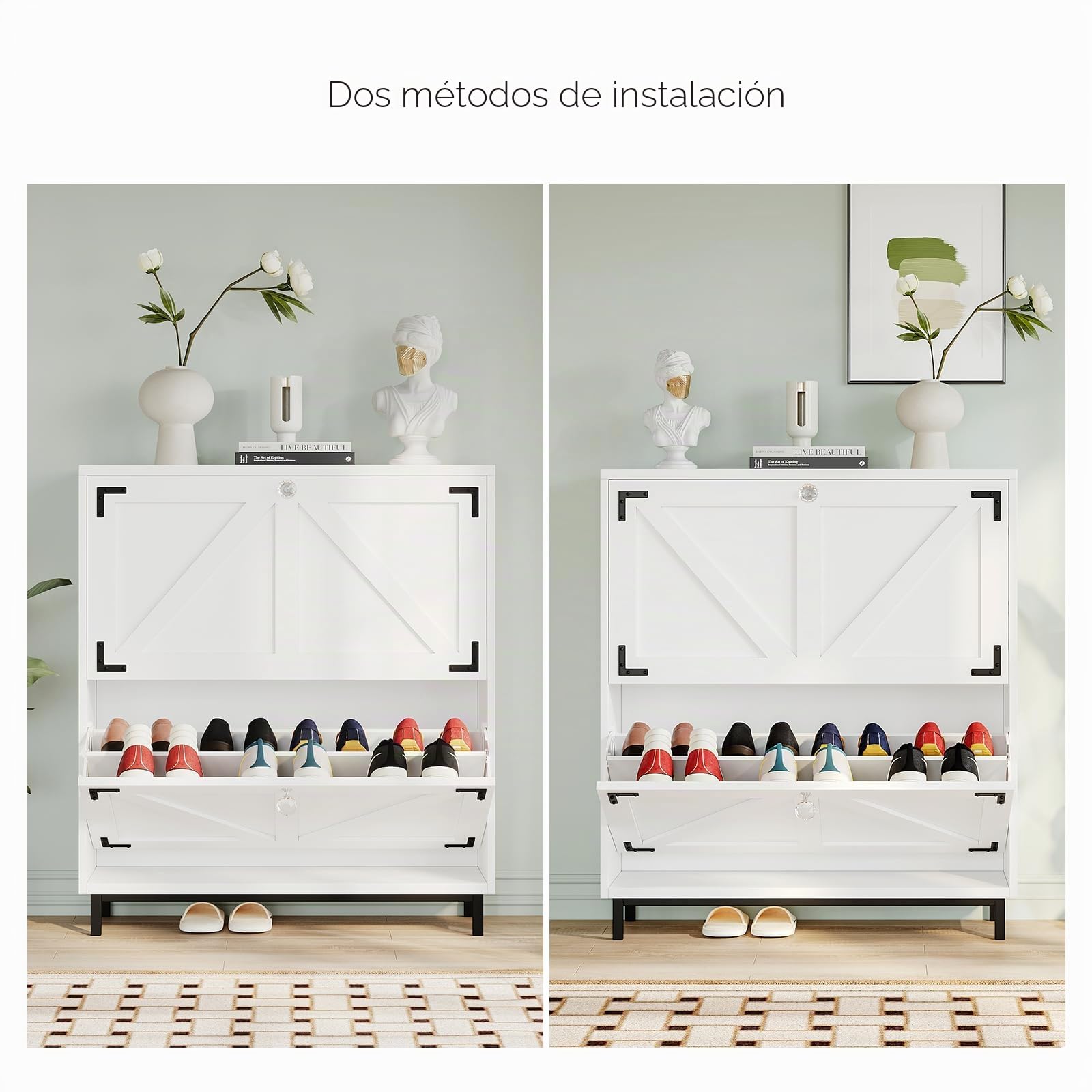 VOWNER Zapatero Entrada Recibidor, 2 Puertas, Zapatero Blanco, Particiones Ajustables, Madera, para Entrada Estrecha, con Patas de Acero, 80 x 24 x 92 cm, Pasillo