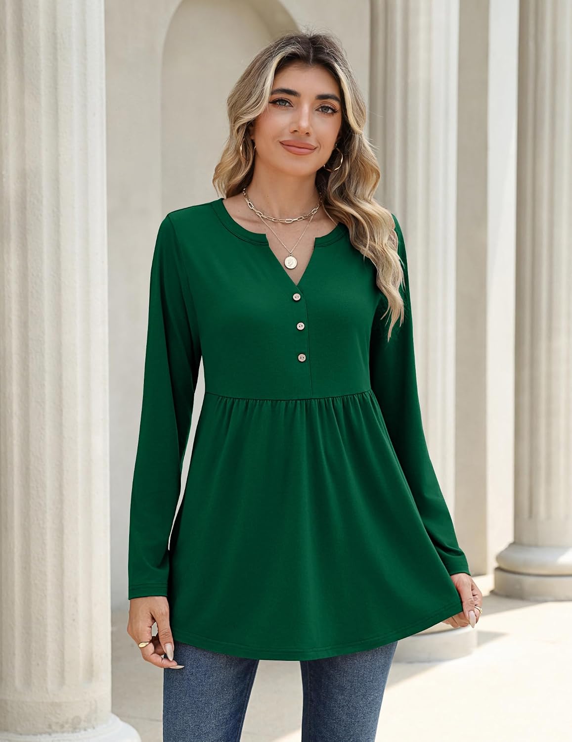 Zeagoo Women Blouses Long Sleeve Shirts Boho Henley V Neck Tops Business Casual Loose Pleated Fashion Clothing