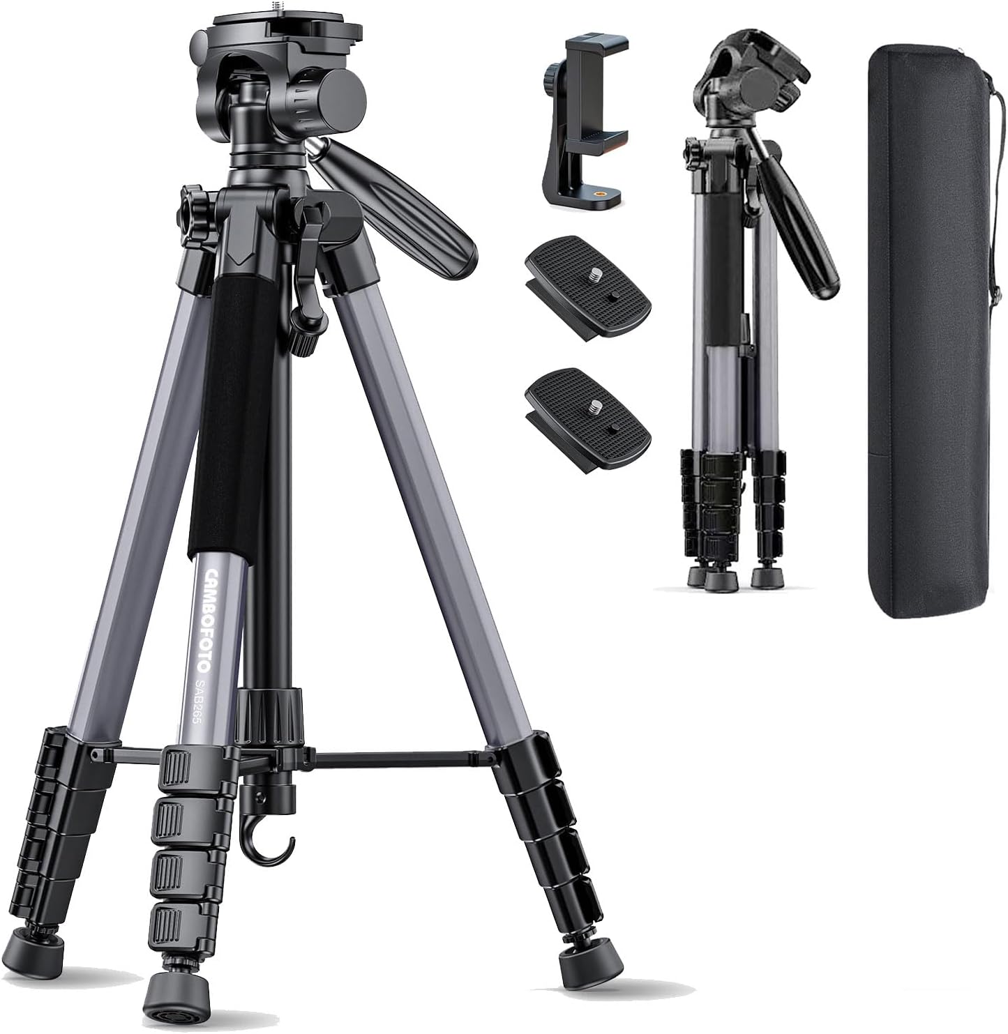 CAMBOFOTO 74″ Camera Tripod, 360° Aluminum Professional Lightweight Tripod | Heavy‐Duty Tripod Stand for DSLR & Mirrorless Cameras/Smartphones/GoPro, with 360° Pan Head/Phone Mount