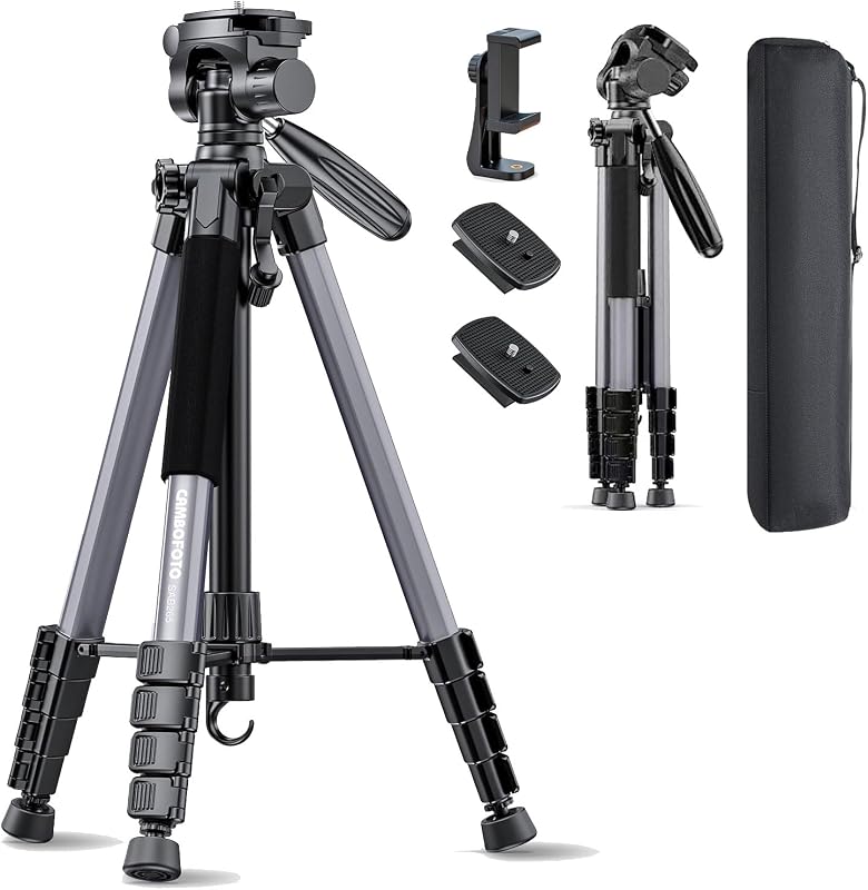 CAMBOFOTO 74″ Camera Tripod, Phone Tripod for iPhone Lightweight Tripod | 360° Pan Head Gunmetal Gray Heavy‐Duty Tripod Stand for DSLR & Mirrorless Cameras/Smartphones/GoPro, with Phone Mount