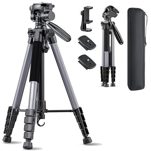 CAMBOFOTO 74″ Camera Tripod, Phone Tripod for iPhone Lightweight Tripod | 360° Pan Head Gunmetal Gray Heavy‐Duty Tripod Stand for DSLR & Mirrorless Cameras/Smartphones/GoPro, with Phone Mount