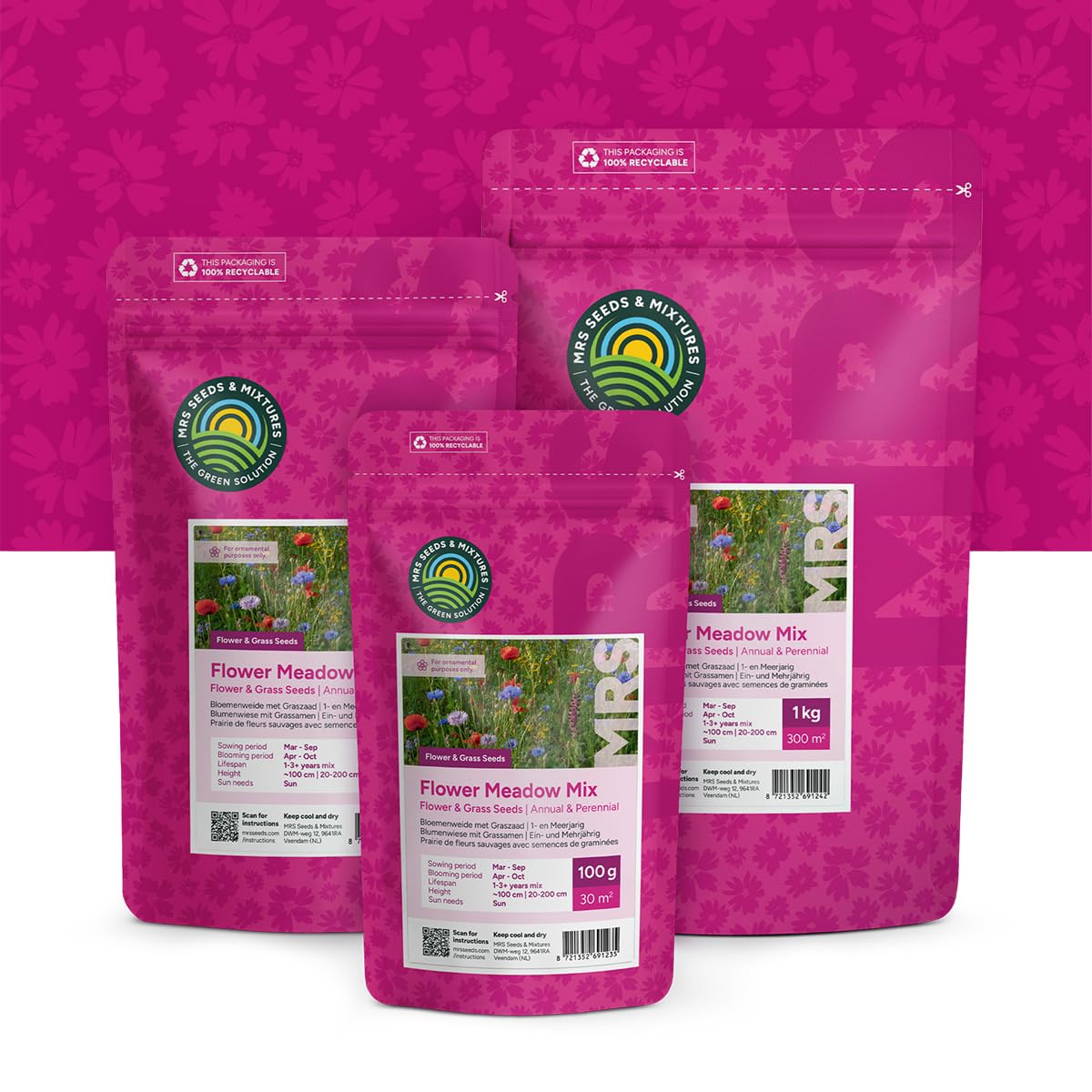 MRS Prairie de fleurs sauvages avec graminées - 250 g pour 75 m² - Graines annuelles et vivaces - 60% d’herbes et 40% de fleurs - Attire abeilles, papillons et autres pollinisateurs