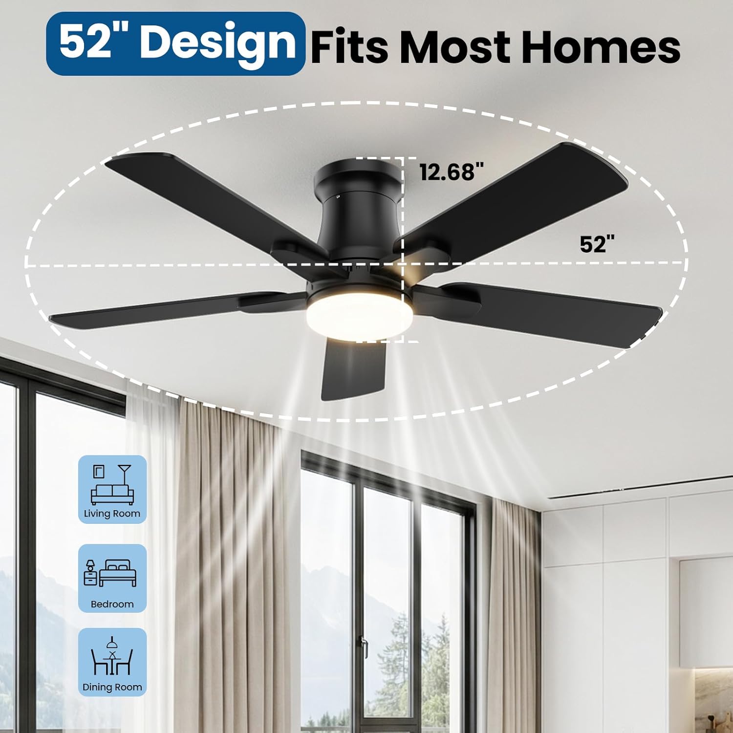 52 Inch Ceiling Fan with Light, Flush Mount Low Profile, Remote & APP Control, Silent Reversible DC Motor, 3CCT Dimmable LED, Black Modern for Bedroom Living Room