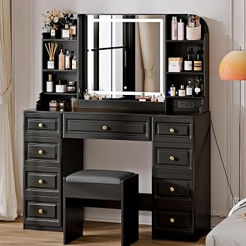 Arulvmrn 43 Wooden Makeup Vanity Set with Mirror and Lighted,Modern Vanity Desk with 9 Drawers,Storage Shelves, and Padded Seat, Dressing Table for Bedroom, Dorm, or Home Beauty Station,Black