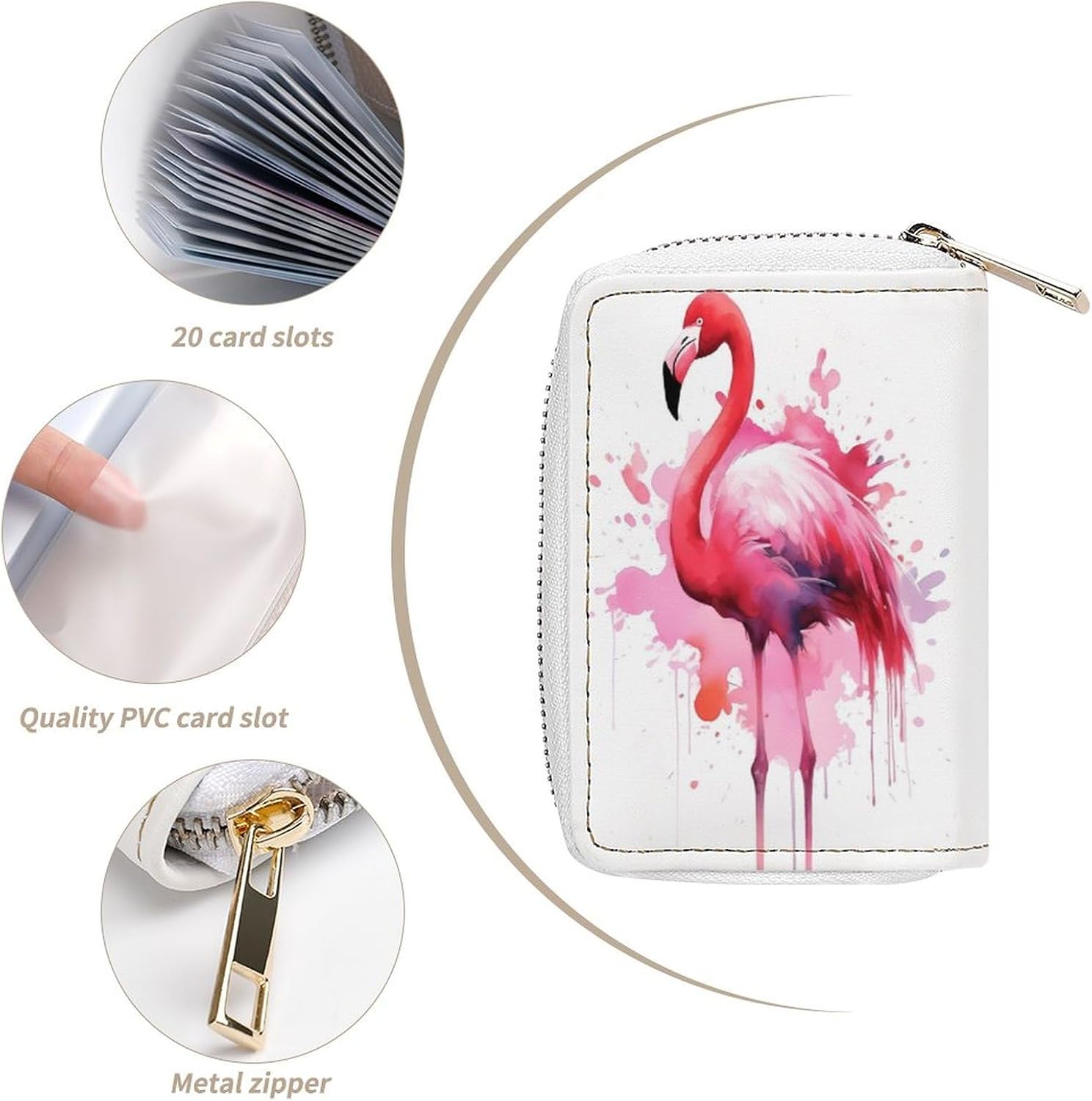 Leather Card Organizer Case Card Wallet Credit Card Holder Flamingo Watercolor Printed Zipper Card Cases Holder for Women Men
