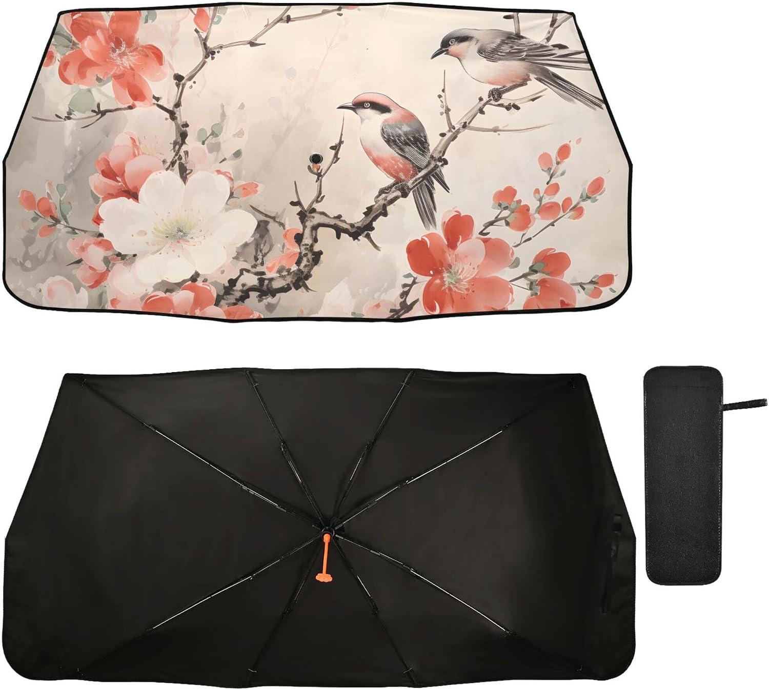 Car Umbrella Sun Shade Cover, Birds and Plum Blossoms Umbrella Sun Shade for Car Truck Window Front Windshield, Blocks UV Rays Sun Visor Protector Sun Heat Reflector to Keep Your Vehicle Cool